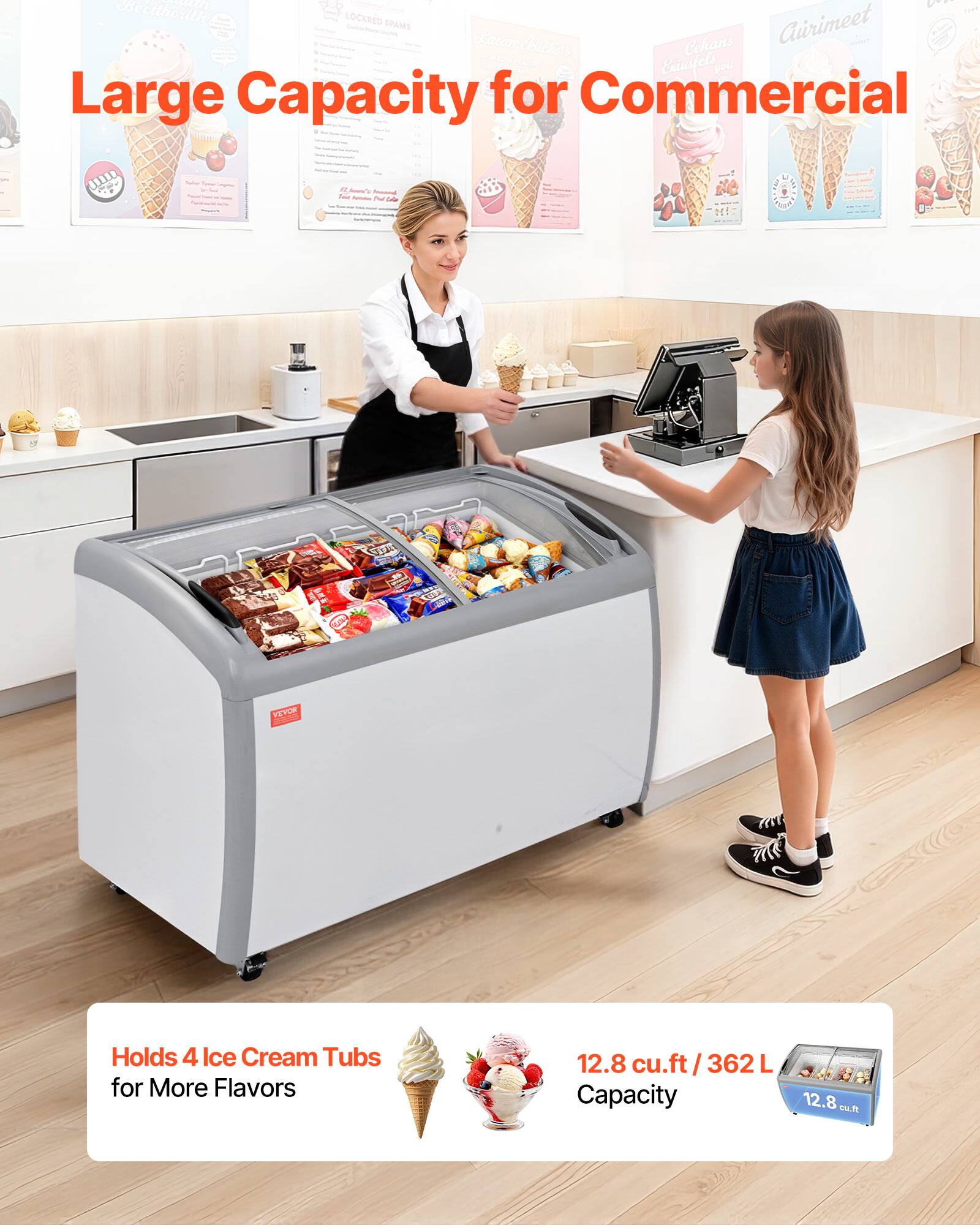 Large Capacity for Commercial

Holds 4 Ice Cream Tubs for More Flavors

12.8 cu.ft / 362L Capacity