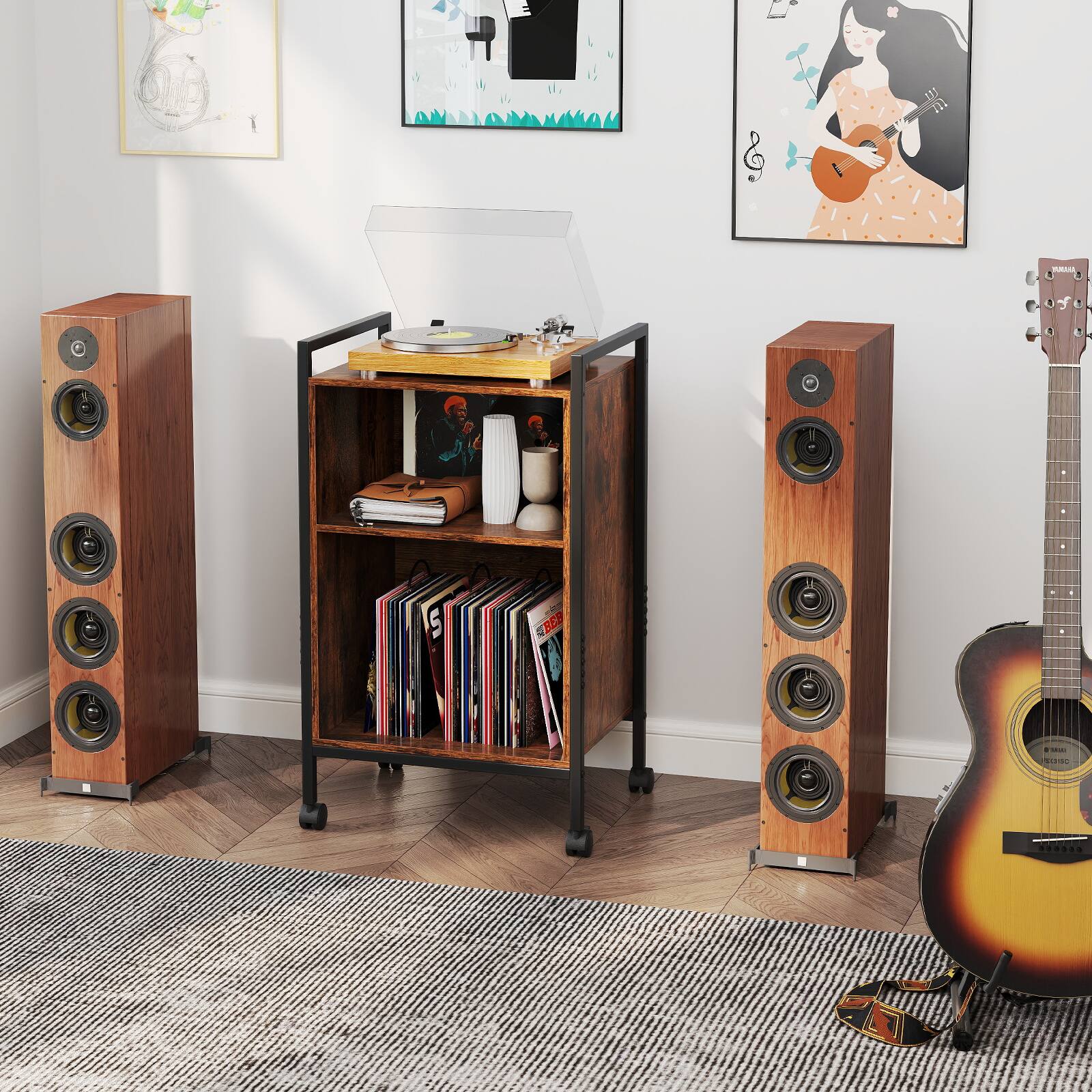 Alt View 2. SlickBlue - Rolling Turntable Stand with Built-In Power Outlet and Vinyl Storage - Rustic Brown.