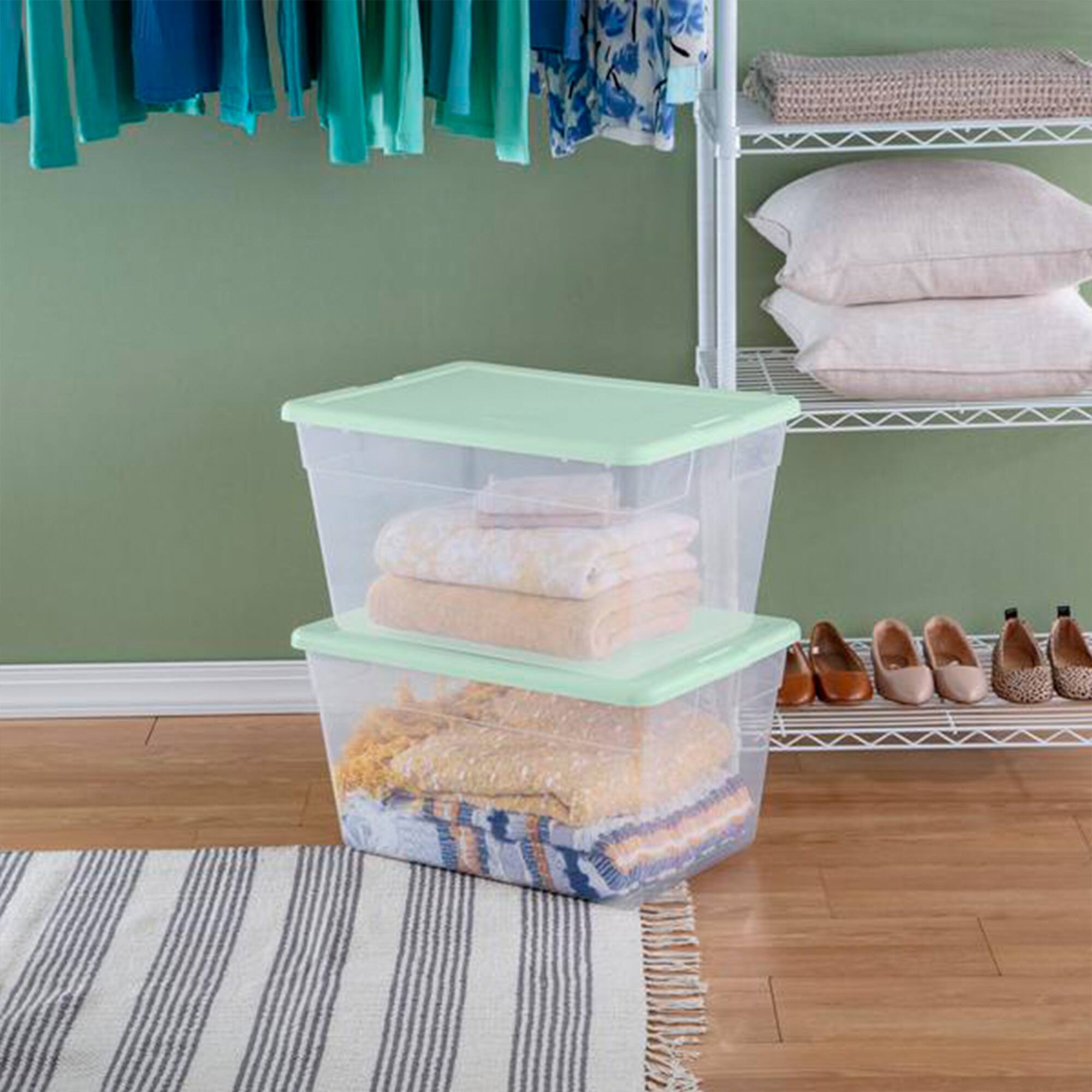 Alt View 2. Sterilite - Sterilite 8 Pk Stackable Storage Tote Container, 56 Qt, Clear, Mindful Mint Lid - Mindful Mint.