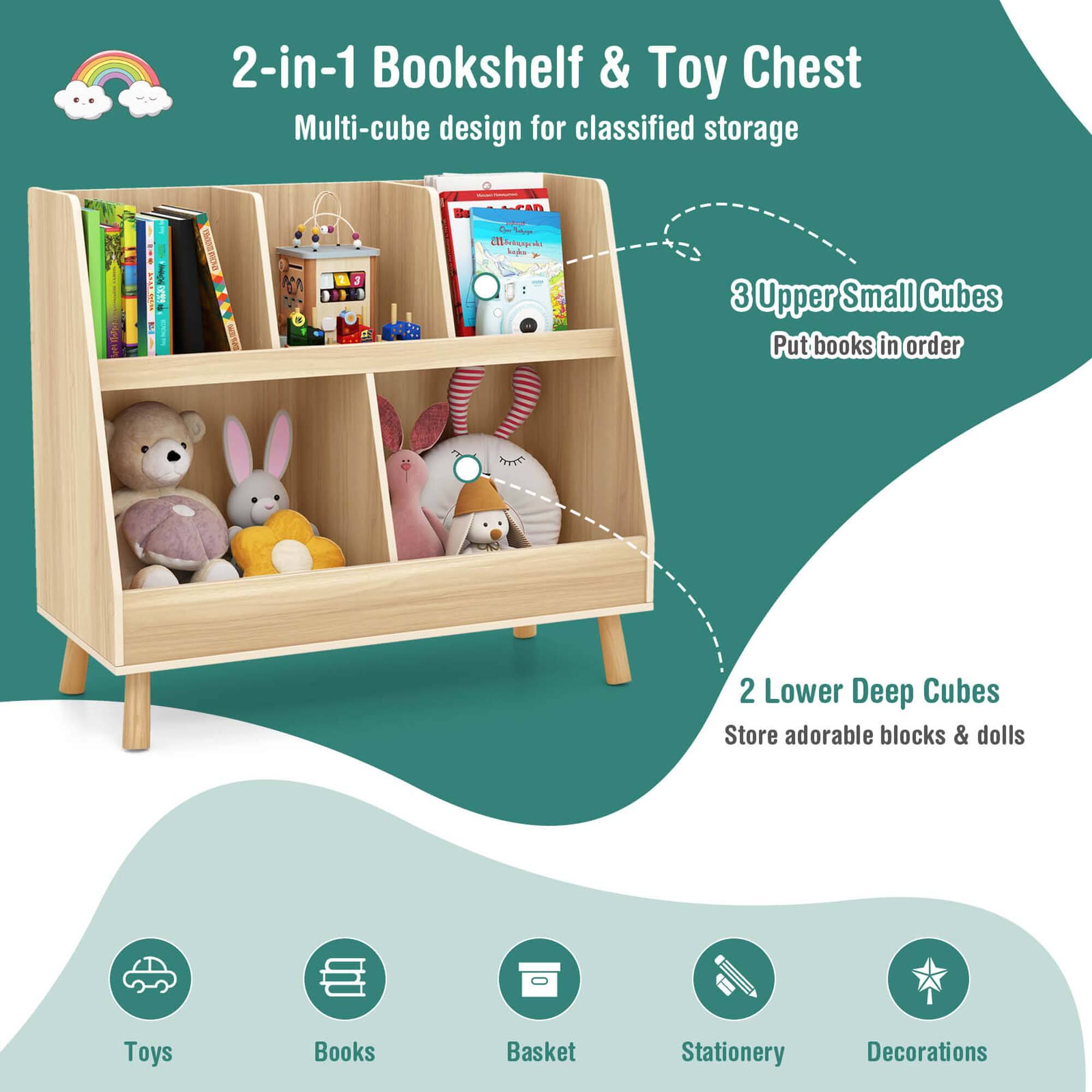 2-in-1 Bookshelf & Toy Chest  
Multi-cube design for classified storage  

3 Upper Small Cubes  
Put books in order  

2 Lower Deep Cubes  
Store adorable blocks & dolls  

Toys  
Books  
Basket  
Stationery  
Decorations