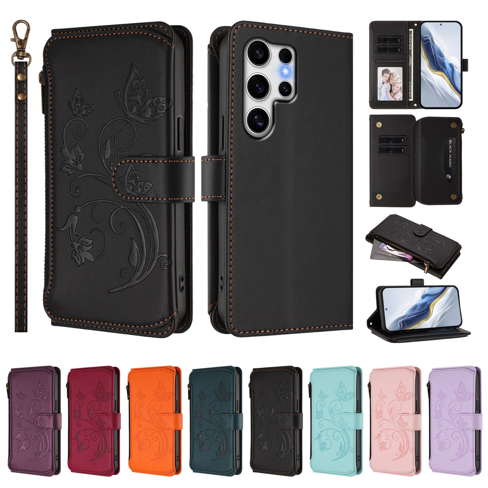 Dteck - Crossbody Wallet Case for Samsung Galaxy S25 Ultra,Embossed Butterfly Flower Folio Cover with Zipper Pocket+Strap - Black price history on PriceWatchPro