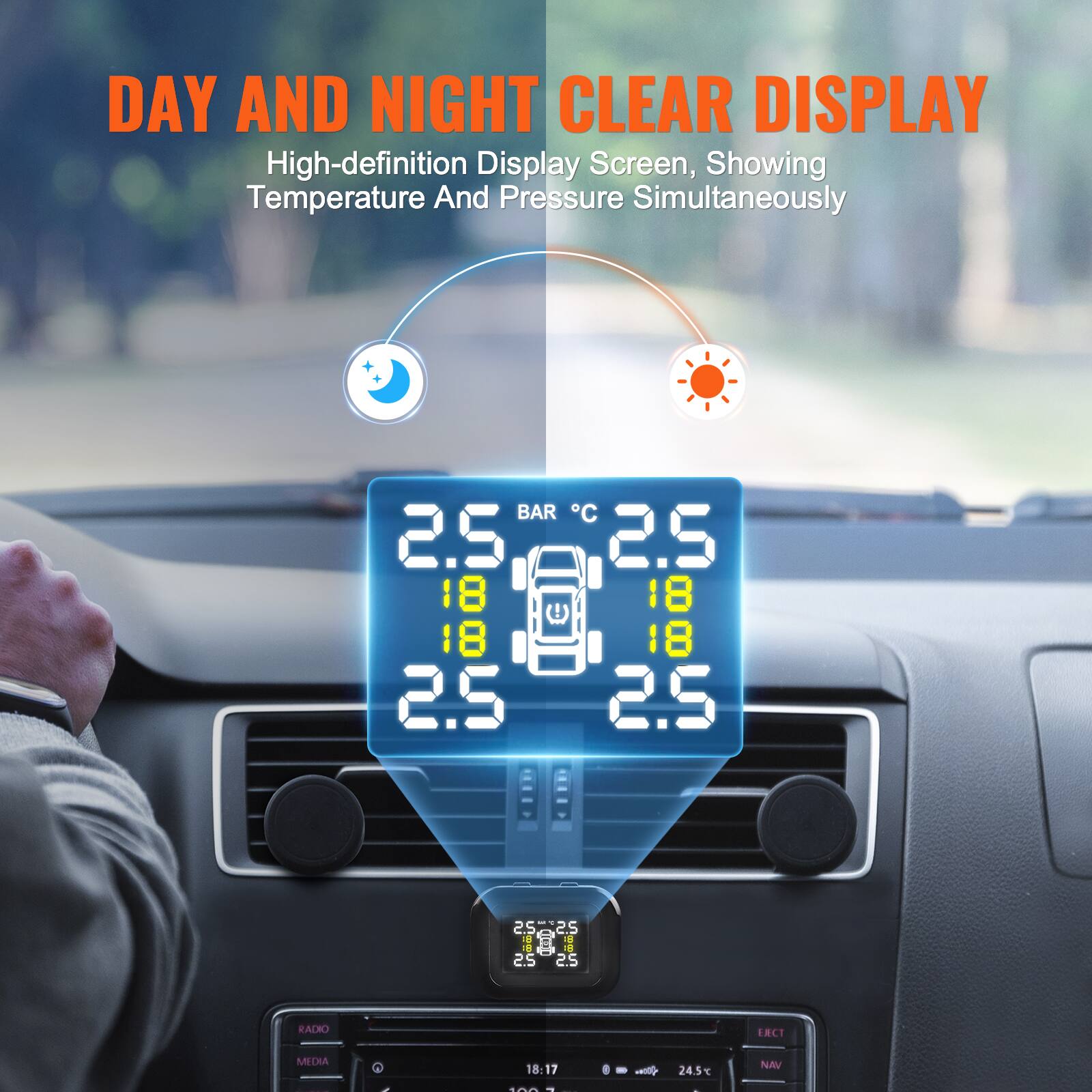 DAY AND NIGHT CLEAR DISPLAY  
High-definition Display Screen, Showing Temperature And Pressure Simultaneously