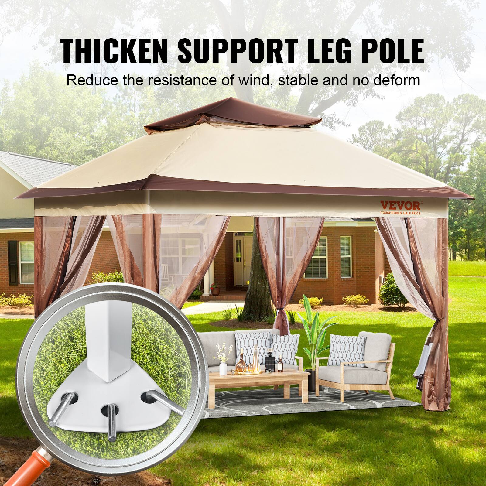 THICKEN SUPPORT LEG POLE
Reduce the resistance of wind, stable and no deform
VEVOR 1Oa LE MAL PS