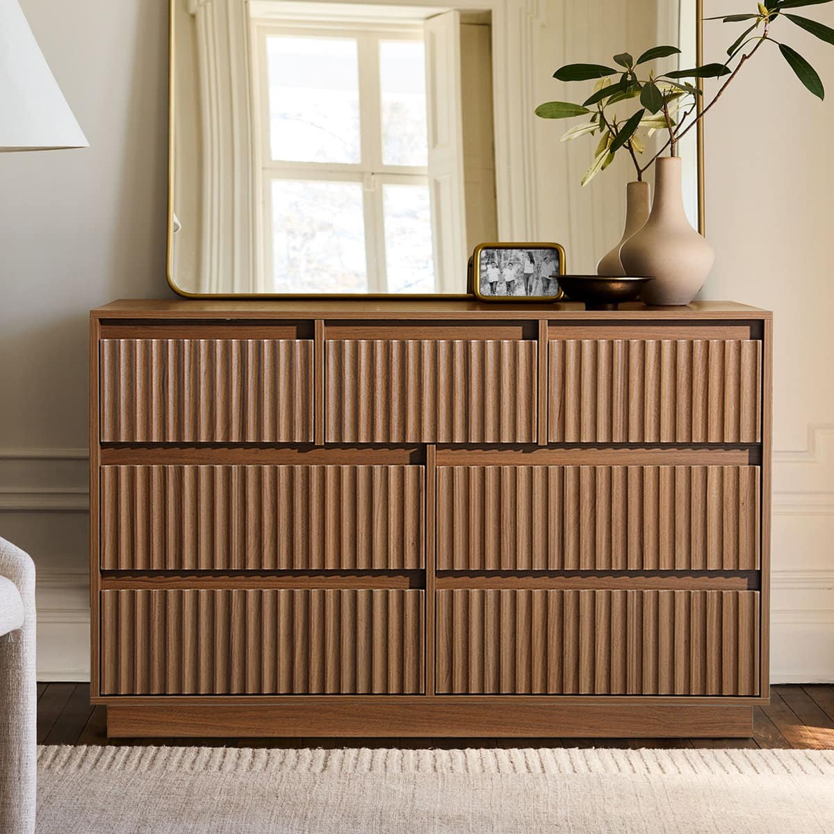 Front. Koligey - 7-Drawer Dresser 47"W Double Dresser With Waveform Fluted Panel - brown.