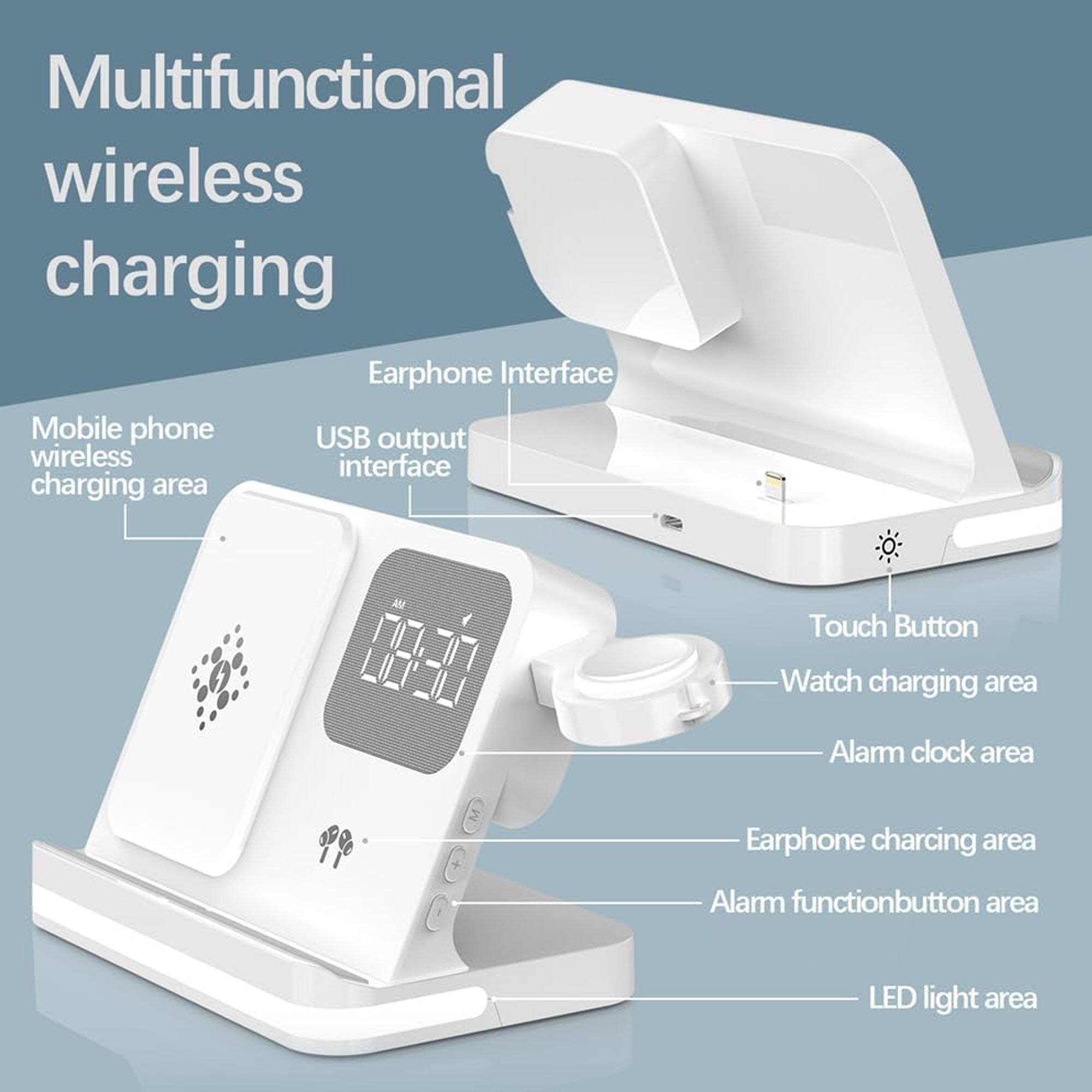 Multifunctional wireless charging

- Mobile phone wireless charging area
- USB output interface
- Earphone Interface
- Touch Button
- Watch charging area
- Alarm clock area
- Earphone charging area
- Alarm function button area
- LED light area