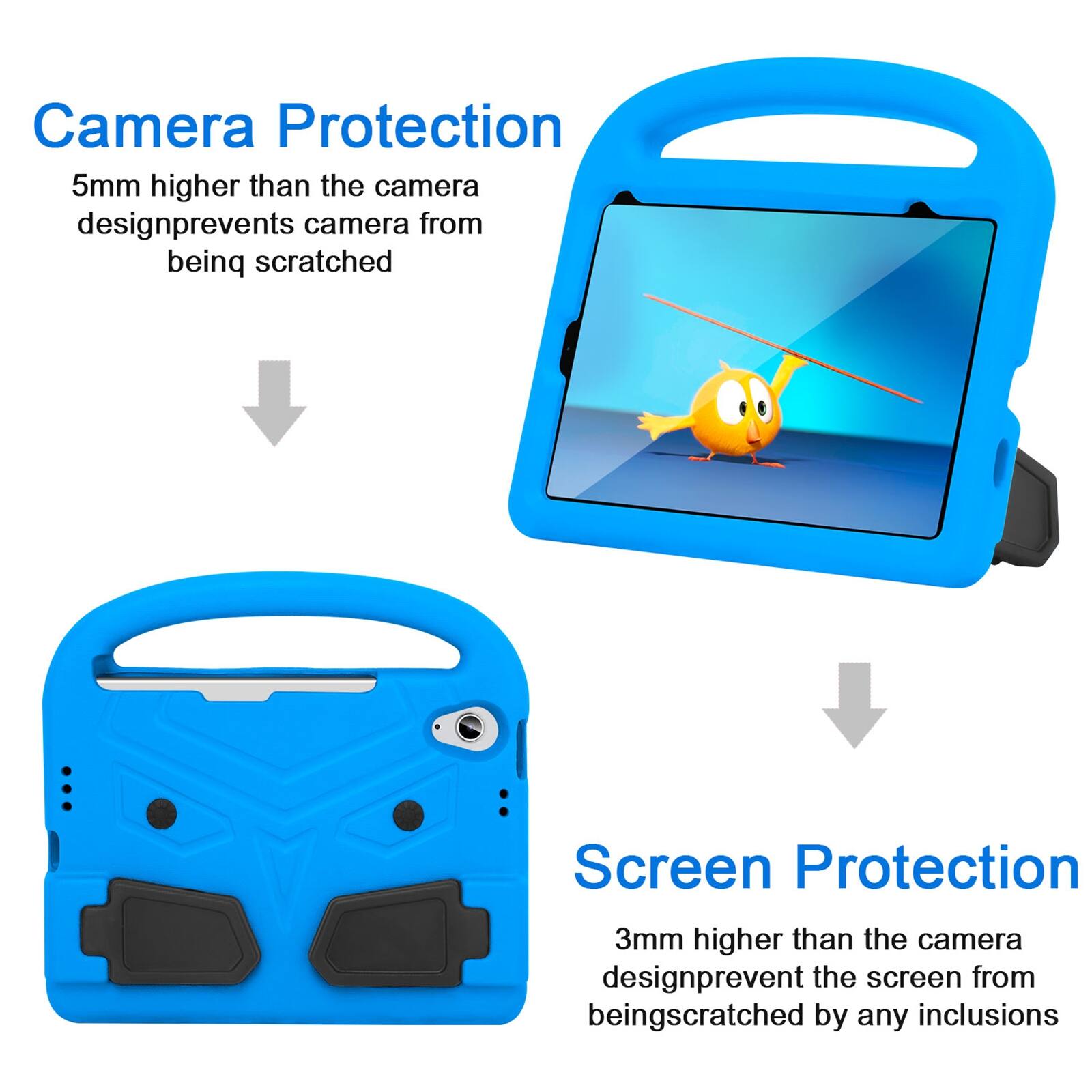 Camera Protection  
5mm higher than the camera design prevents camera from being scratched  

Screen Protection  
3mm higher than the camera design prevents the screen from being scratched by any inclusions