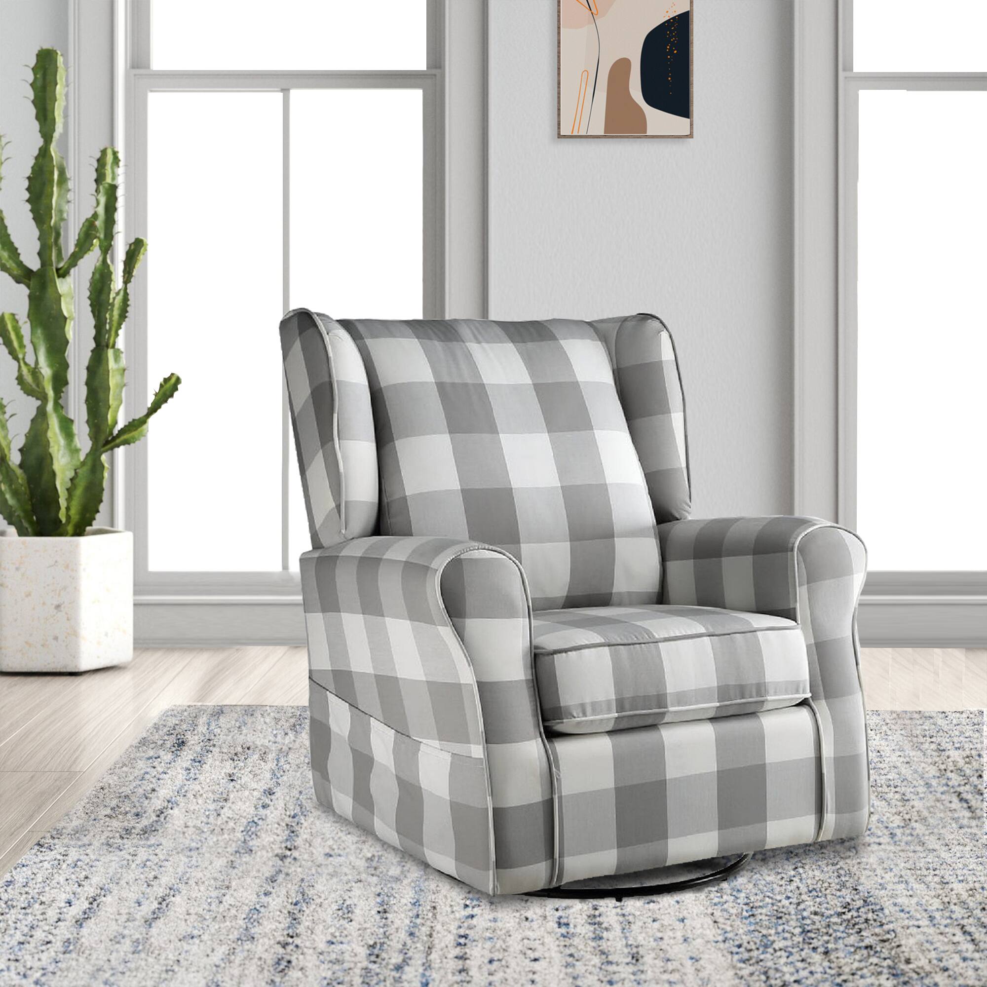 Alt View 5. Manhattan Lane - 35 Inch Accent Swivel Chair, Glider, Checkered Fabric - Gray.