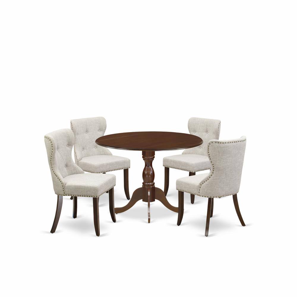 Left. East West Furniture - East West Furniture DMSI5-MAH-35 5 Piece Kitchen Dining Table Set - Mahogany Small Dining Table and 4 Doeskin Linen - Mahogany.