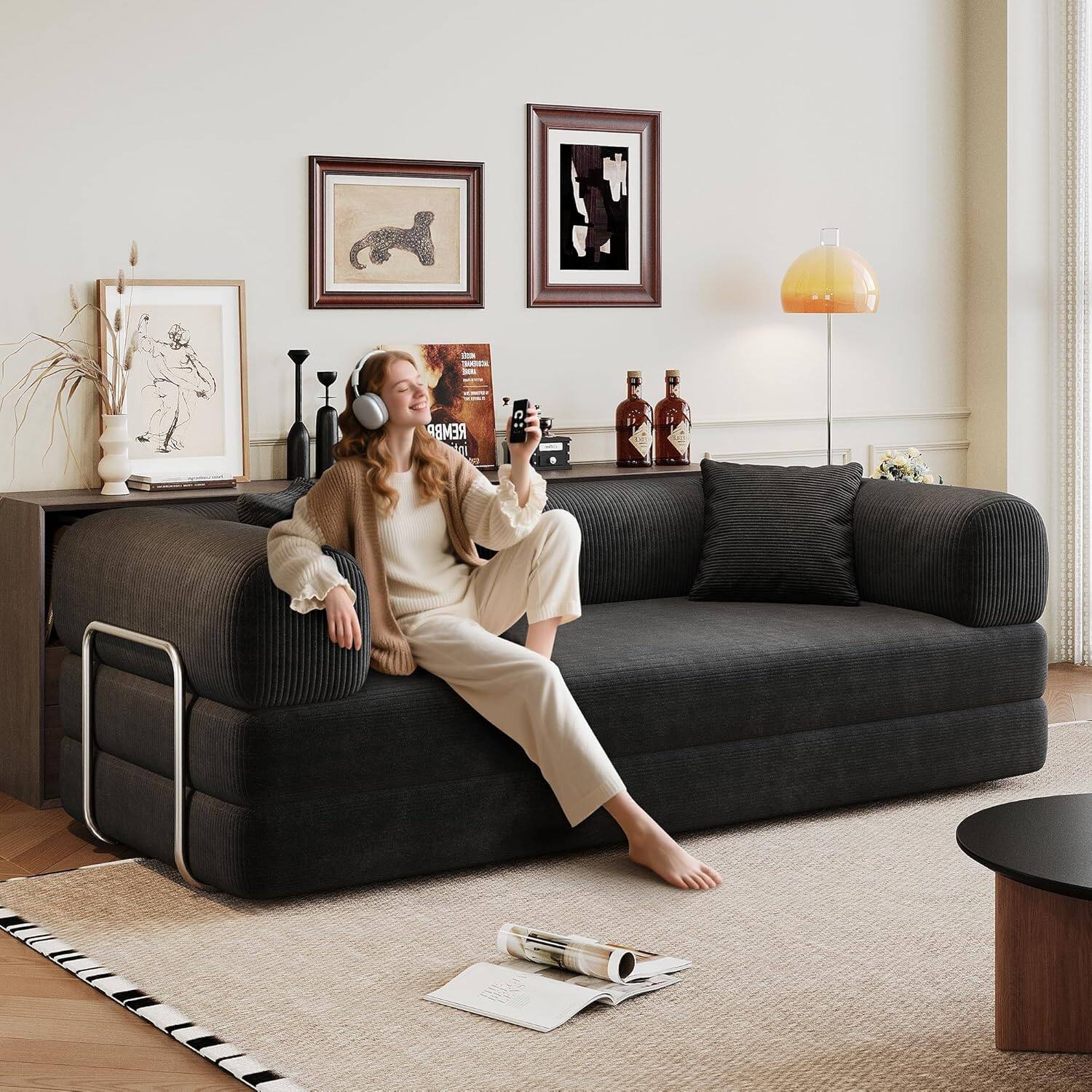 Alt View 2. Trinkets Crazed - 78.8" Boneless Couch 4-in-1 Corduroy Convertible Sleeper Sofa with Pull-Out Bed - black.