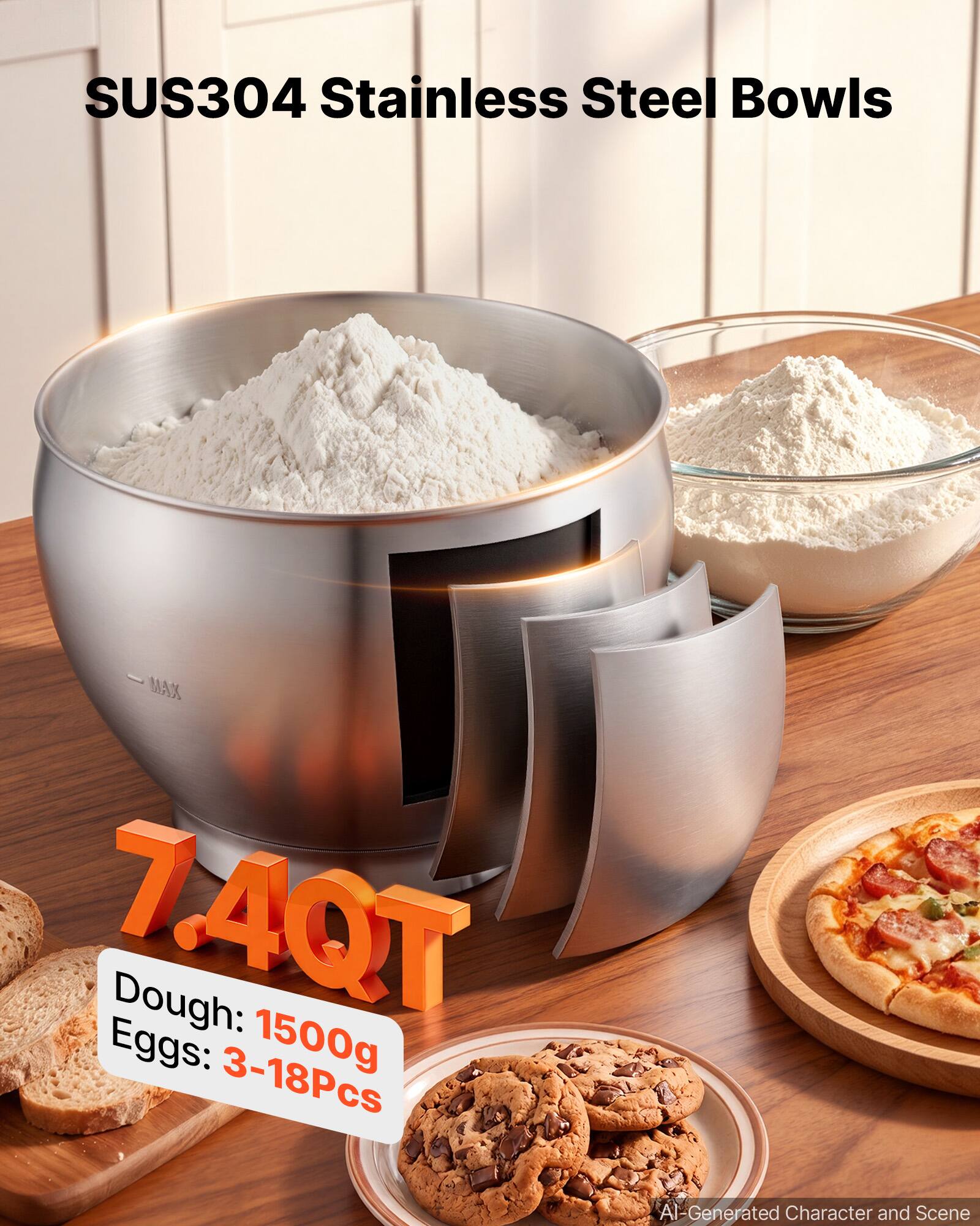 SUS304 Stainless Steel Bowls  
MAX 7.4QT  
Dough: 1500g  
Eggs: 3-18Pcs  
AI-Generated Character and Scene