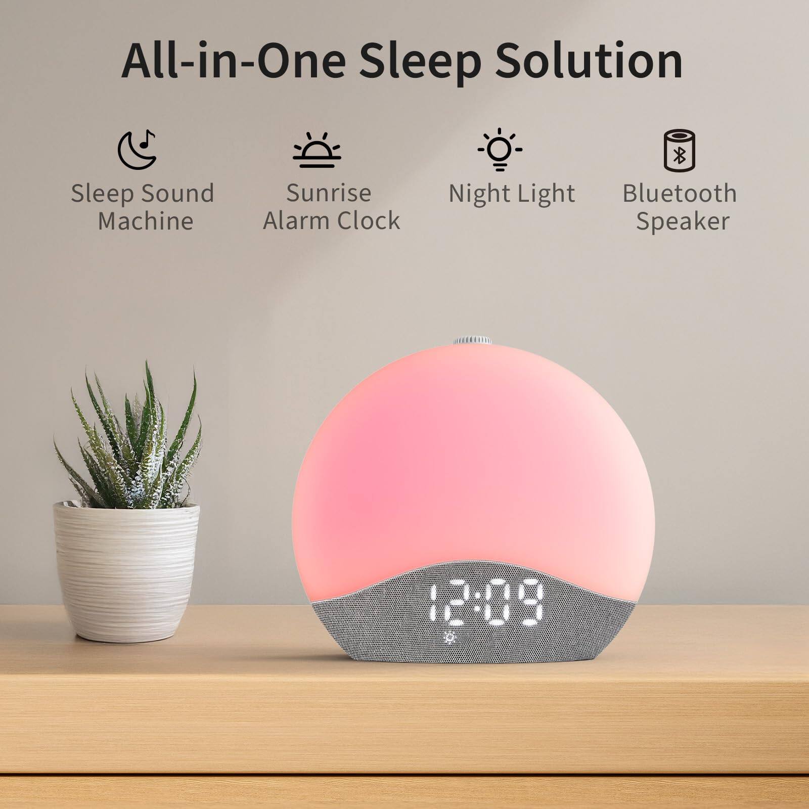 All-in-One Sleep Solution

- Sleep Sound Machine
- Sunrise Alarm Clock
- Night Light
- Bluetooth Speaker

12:09