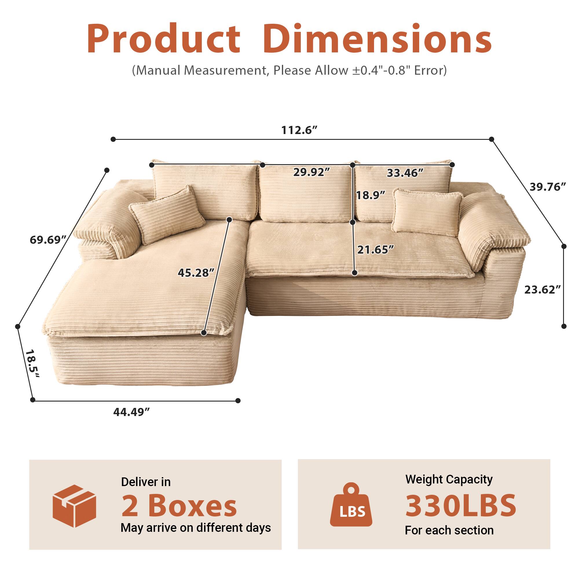 Product Dimensions  
(Manual Measurement, Please Allow ±0.4"-0.8" Error)  

112.6"  
29.92"  
33.46"  
18.9"  
39.76"  
69.69"  
21.65"  
45.28"  
23.62"  
18.5"  
44.49"  

Deliver in 2 Boxes  
May arrive on different days  

Weight Capacity  
330LBS  
For each section