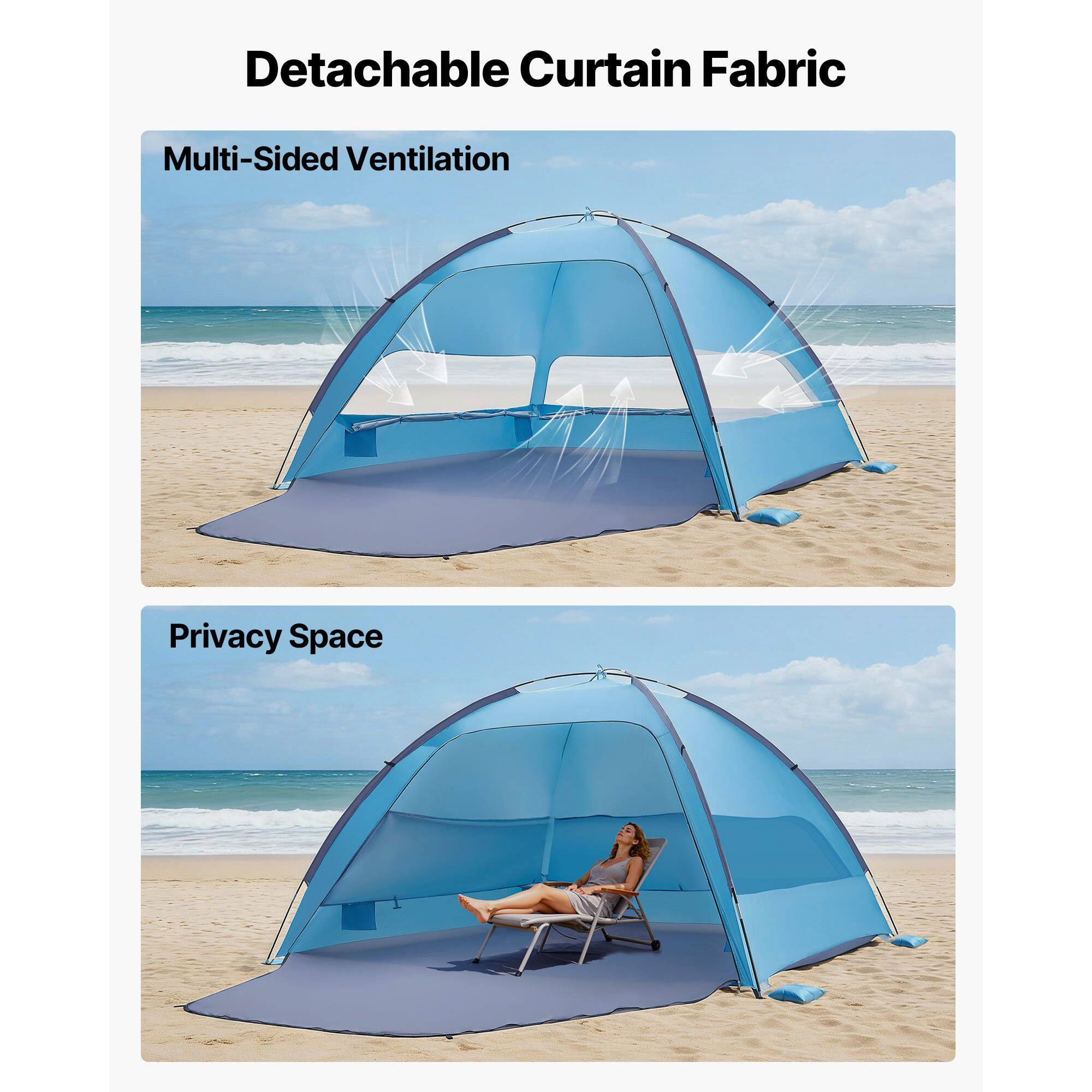 Detachable Curtain Fabric  
Multi-Sided Ventilation  
Privacy Space
