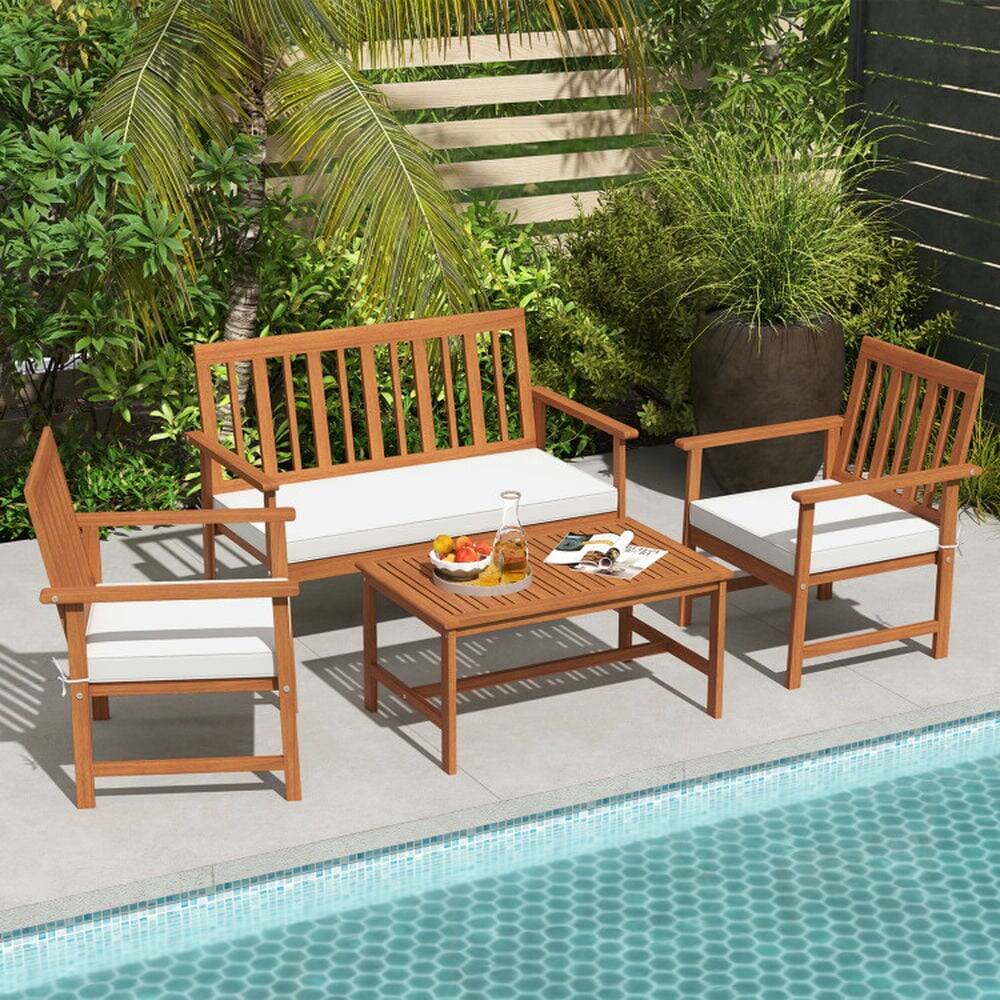 Angle. Pefilos - 4 Pieces Acacia Wood Furniture Set with Seat Cushions and Robust Wood Frame, Patio Conversation Set for Outdoor as - Brown.
