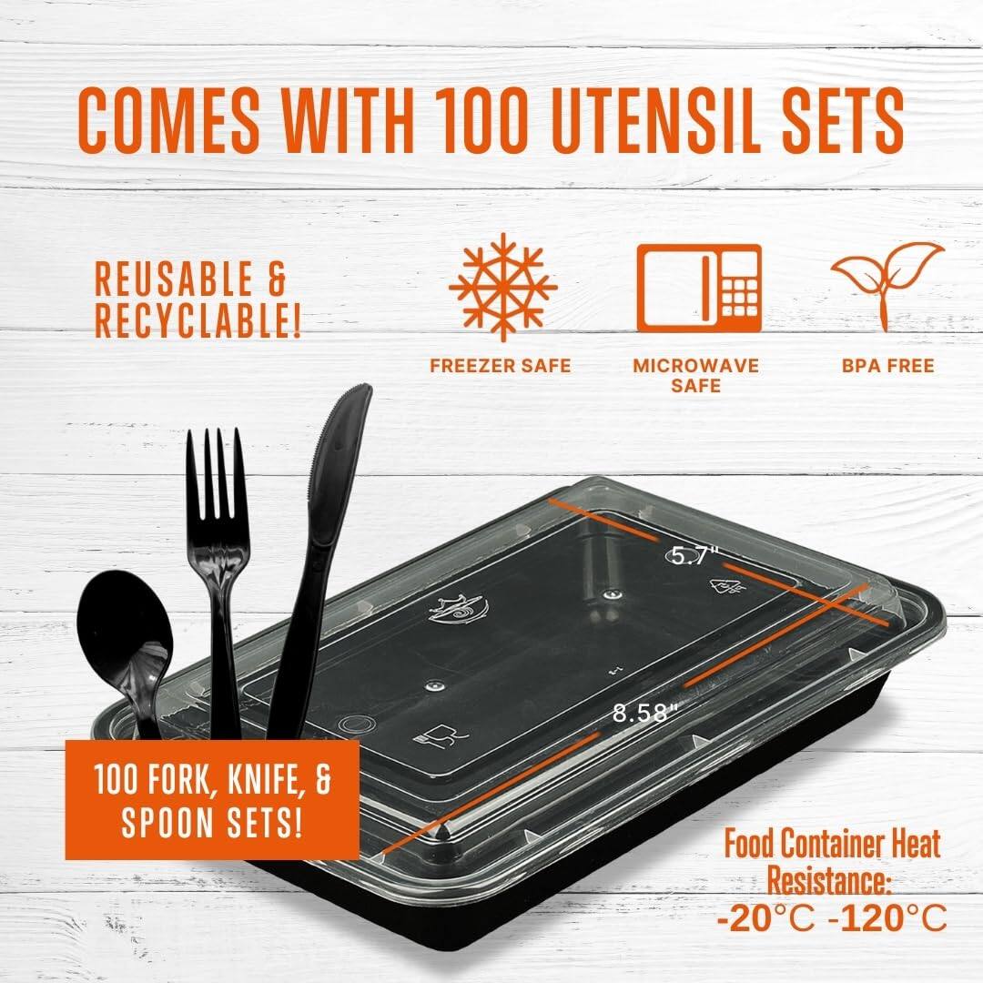 COMES WITH 100 UTENSIL SETS

REUSABLE & RECYCLABLE!

FREEZER SAFE
MICROWAVE SAFE
BPA FREE

100 FORK, KNIFE, & SPOON SETS!

Food Container Heat Resistance: -20°C - 120°C