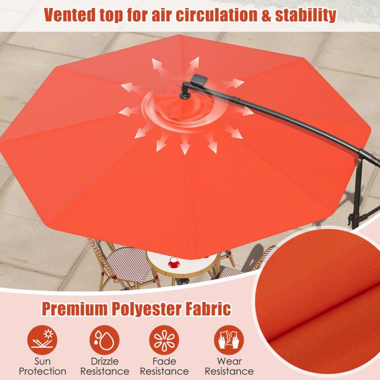 Vented top for air circulation & stability

Premium Polyester Fabric

- Sun Protection
- Drizzle Resistance
- Fade Resistance
- Wear Resistance