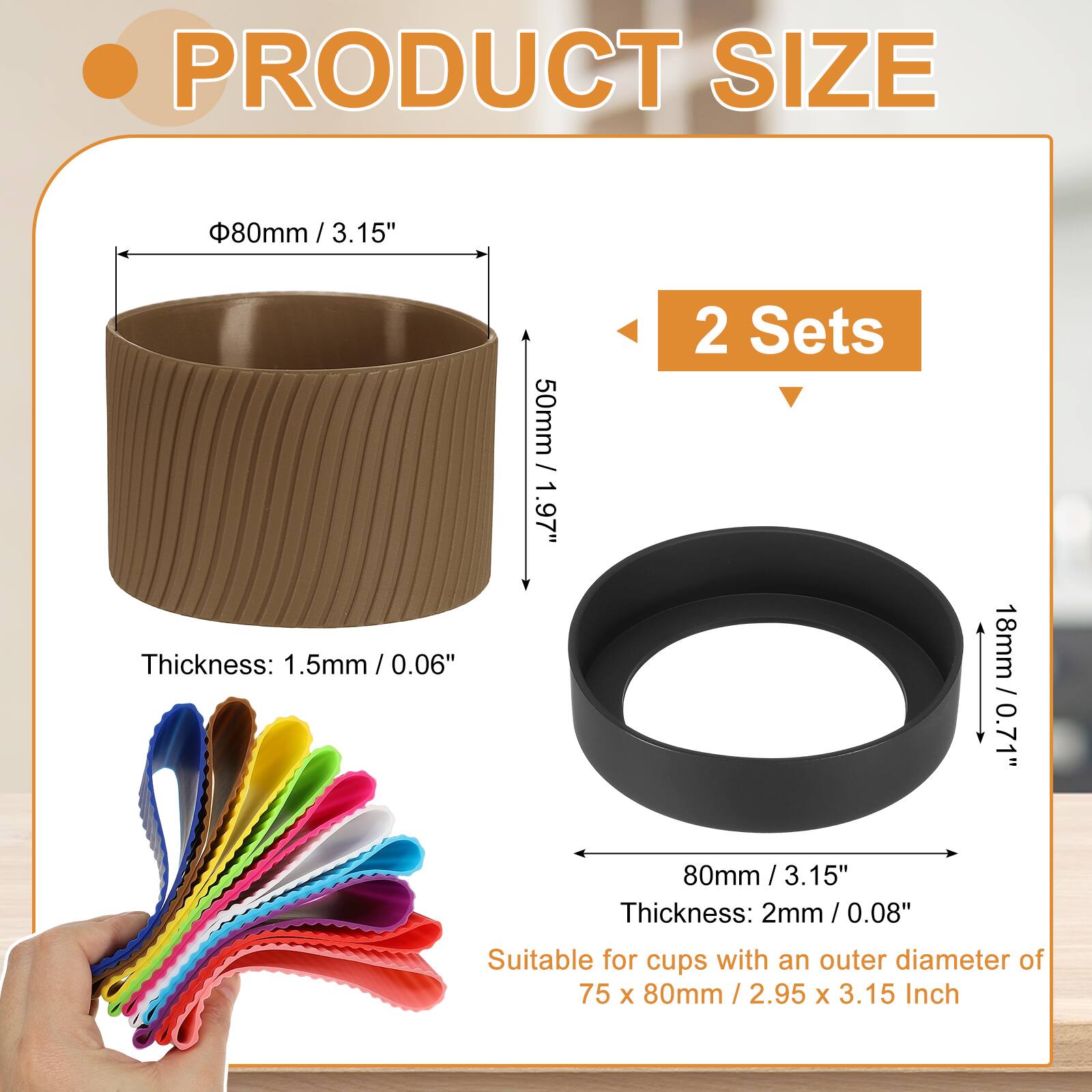PRODUCT SIZE

- Diameter: 80mm / 3.15"
- Thickness: 1.5mm / 0.06"
- Height: 50mm / 1.97"

2 Sets

- Diameter: 18mm / 0.71"
- Thickness: 2mm / 0.08"

Suitable for cups with an outer diameter of 75 x 80mm / 2.95 x 3.15 Inch