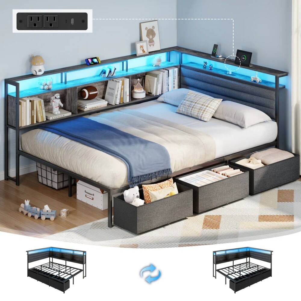 Alt View 1. Furnulem - Corner Bed Frame with 3 Drawers and Storage Bookcase Daybed with Charging Station and LED Lights - Gray.