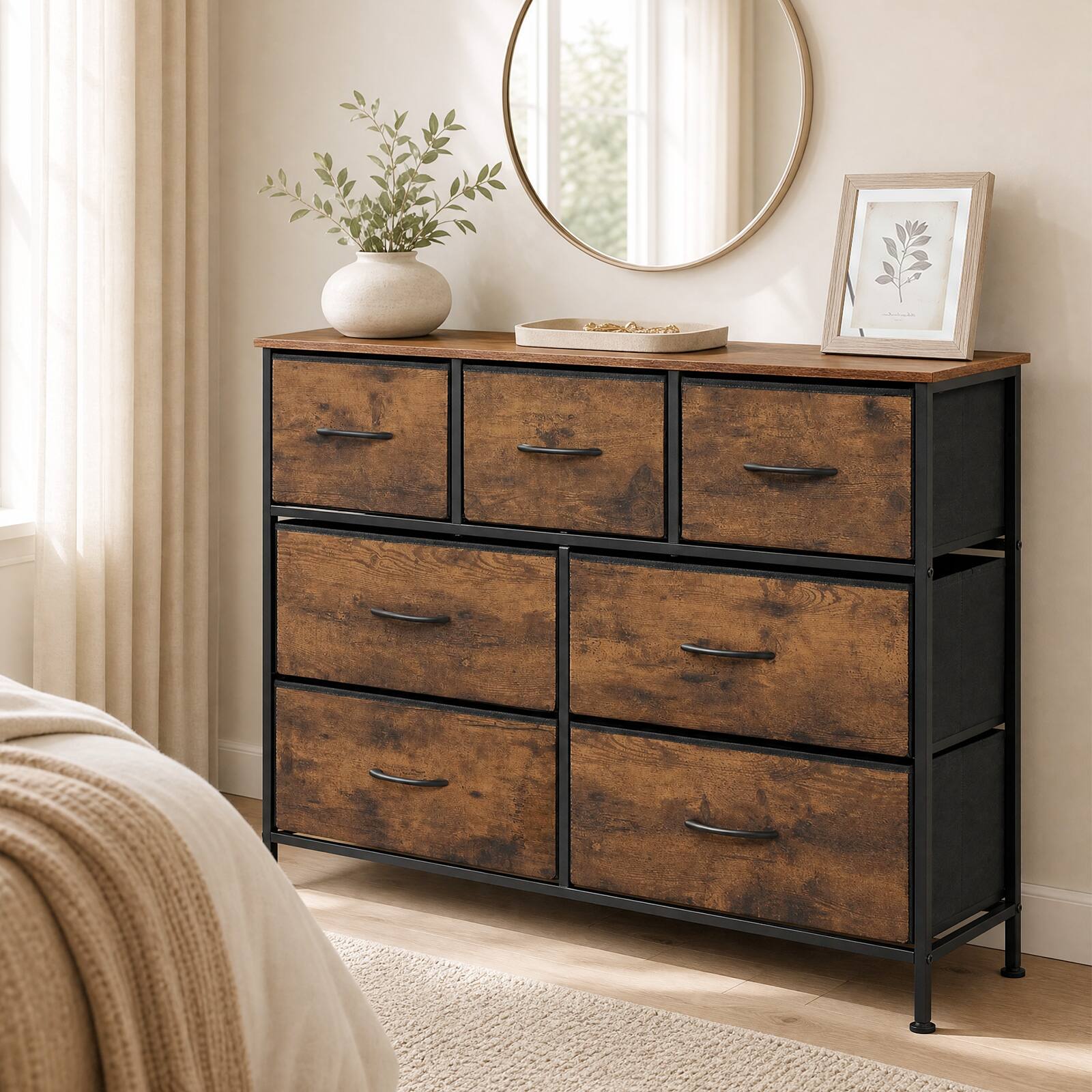 Alt View 3. Costway - Costway 7-Drawer Wide Dresser with 2-Sized Folding Fabric Drawers & 2 Anti-tipping Kits - Rustic Brown.