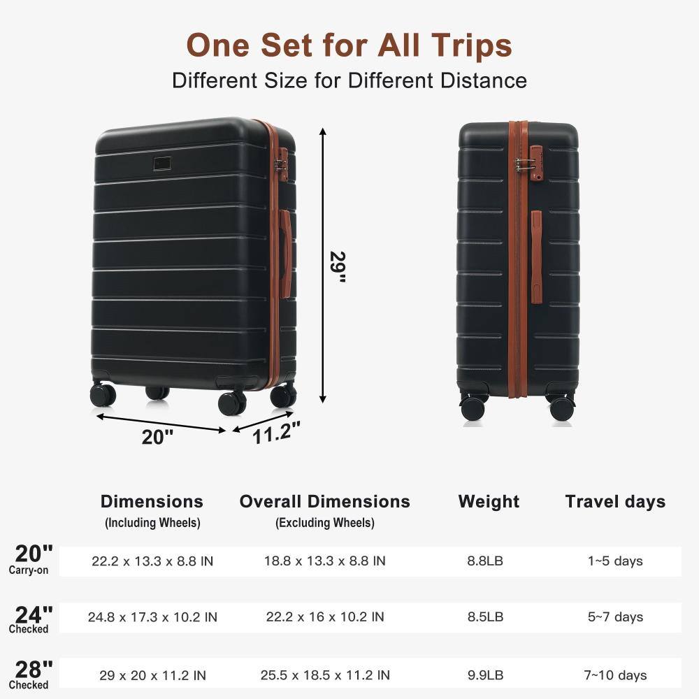 One Set for All Trips  
Different Size for Different Distance

20" Carry-on  
Dimensions (Including Wheels): 22.2 x 13.3 x 8.8 IN  
Overall Dimensions (Excluding Wheels): 18.8 x 13.3 x 8.8 IN  
Weight: 8.8LB  
Travel days: 1-5 days

24" Checked  
Dimensions (Including Wheels): 24.8 x 17.3 x 10.2 IN  
Overall Dimensions (Excluding Wheels): 22.2 x 16 x 10.2 IN  
Weight: 8.5LB  
Travel days: 5-7 days

28" Checked  
Dimensions (Including Wheels): 29 x 20 x 11.2 IN  
Overall Dimensions (Excluding Wheels): 25.5 x 18.5 x 11.2 IN  
Weight: 9.9LB  
Travel days: 7-10 days
