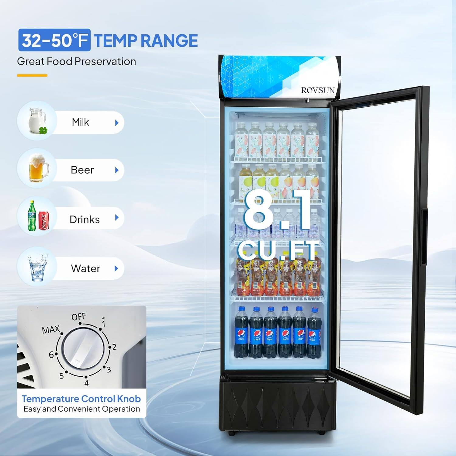 32-50°F TEMP RANGE Great Food Preservation ROVSUN Milk Beer Drinks Water 8.1 CU-FT Temperature Control Knob Easy and Convenient Operation