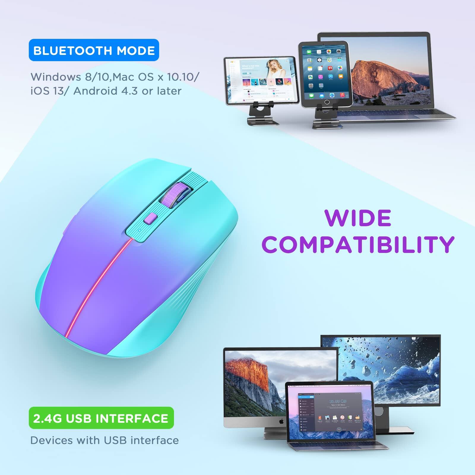**BLUETOOTH MODE**  
Windows 8/10, Mac OS x 10.10/ iOS 13/ Android 4.3 or later  

**WIDE COMPATIBILITY**  

**2.4G USB INTERFACE**  
Devices with USB interface