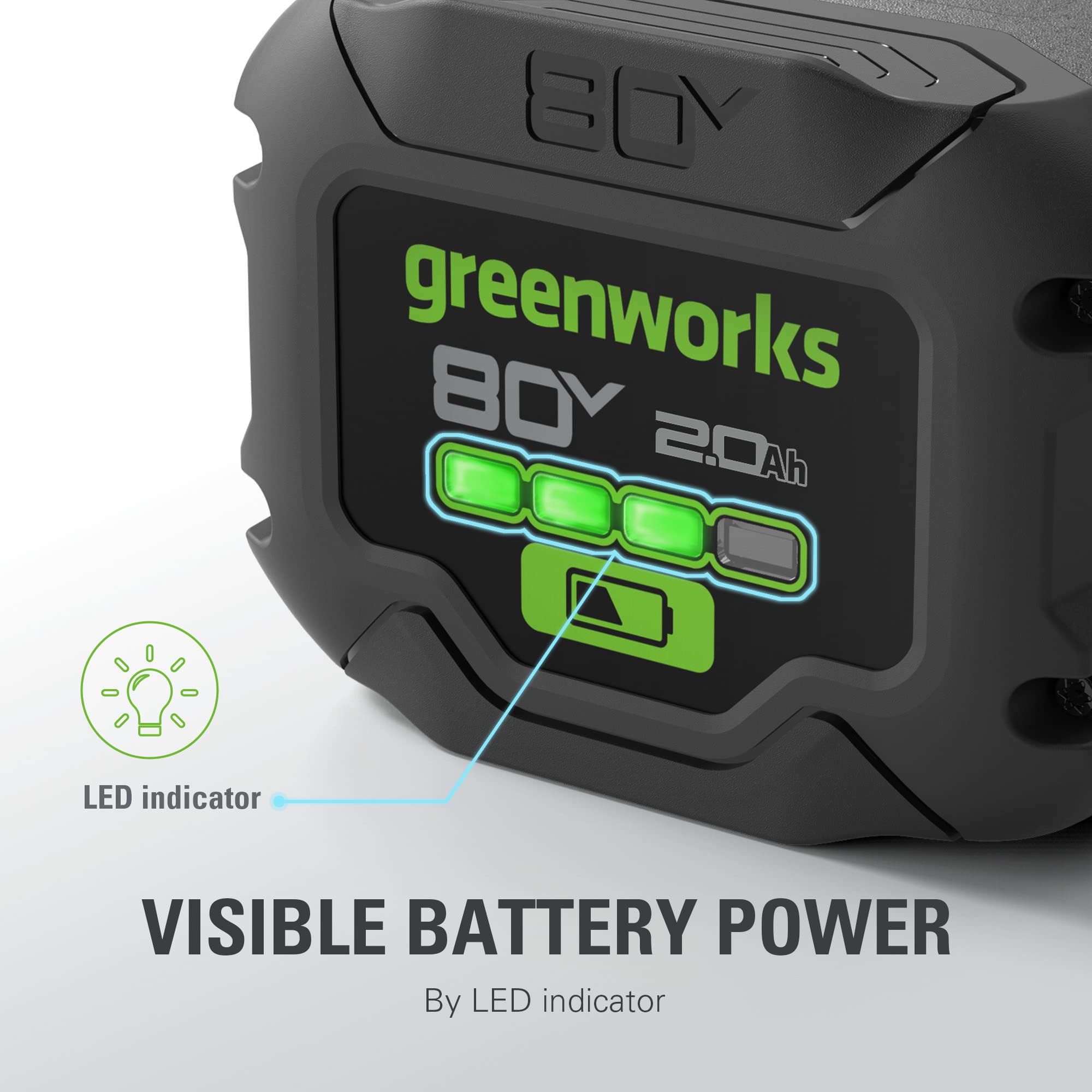 EOY greenworks 80Y 2.0Ah LED indicator VISIBLE BATTERY POWER By LED indicator