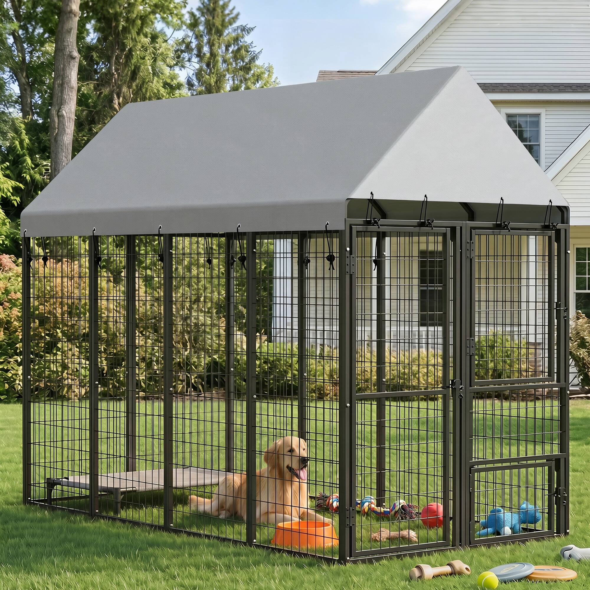 Alt View 1. Pawhut - Dog Kennel Outdoor with Roof, 3 Doors, Expandable Heavy Duty Dog Kennel Dog Run for All Breed Sizes - Black.