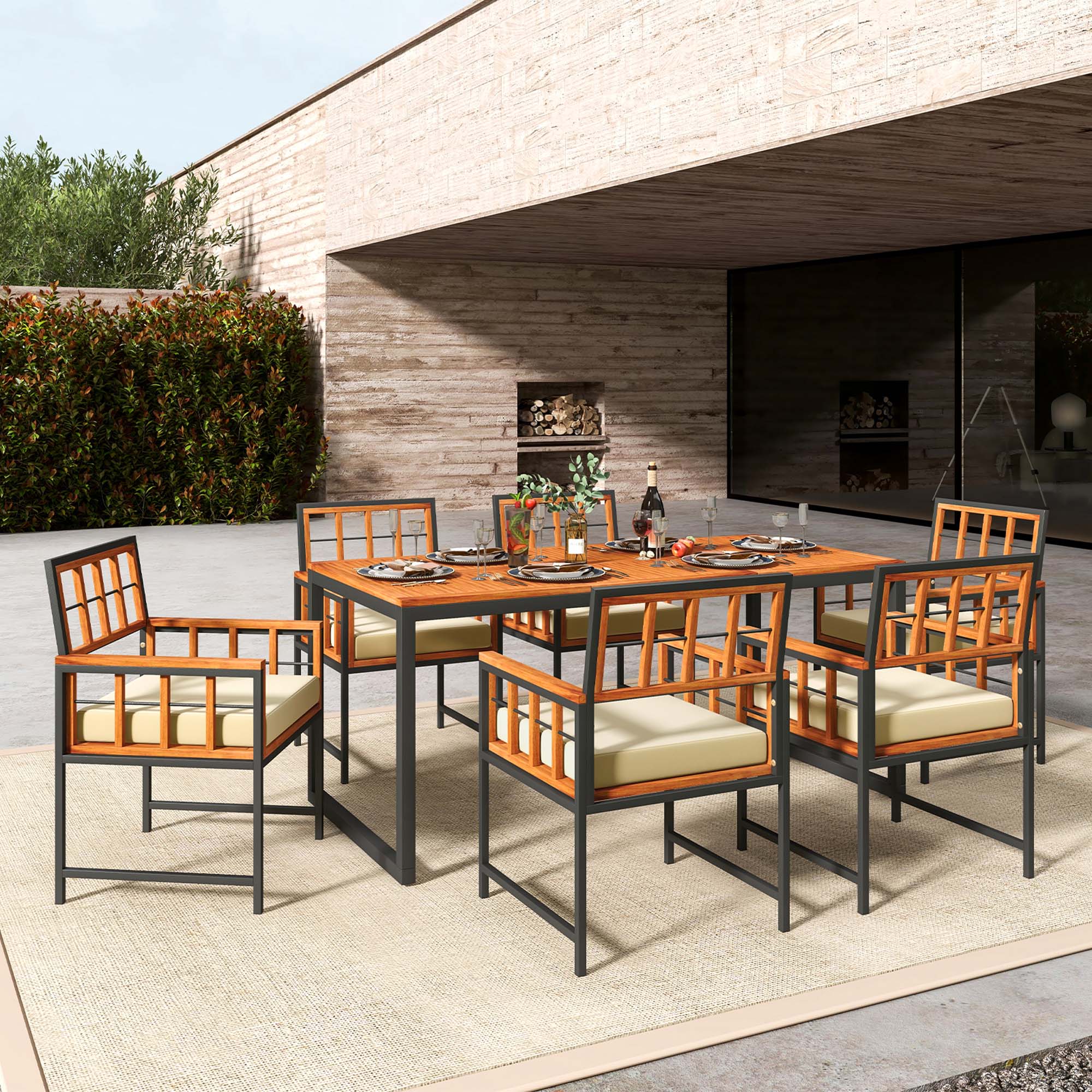Alt View 5. Costway - 7 PCS Patio Dining Set Outdoor Acacia Wood Table with Soft Cushions Umbrella Hole - Natural + Black.