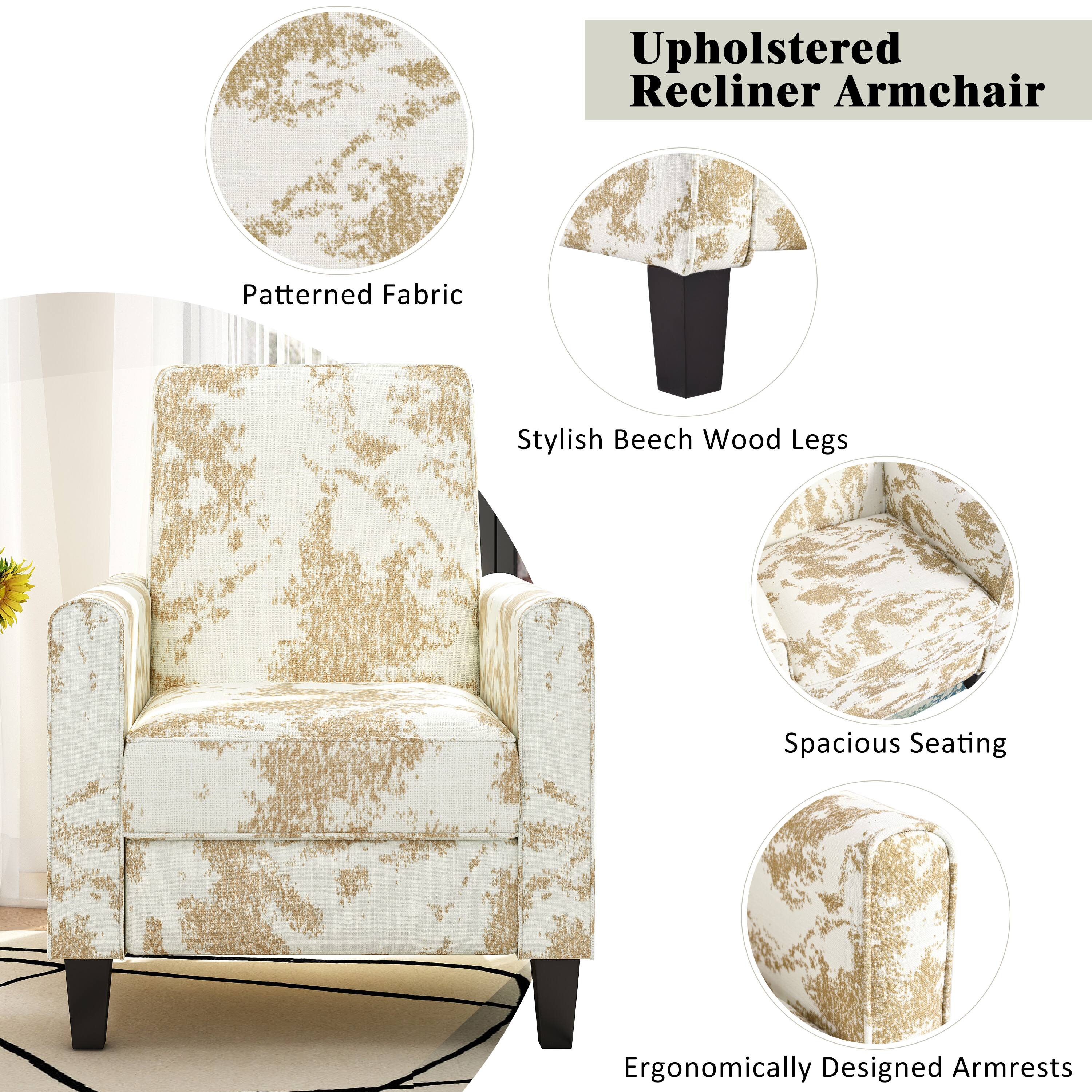 Upholstered Recliner Armchair

- Patterned Fabric
- Stylish Beech Wood Legs
- Spacious Seating
- Ergonomically Designed Armrests