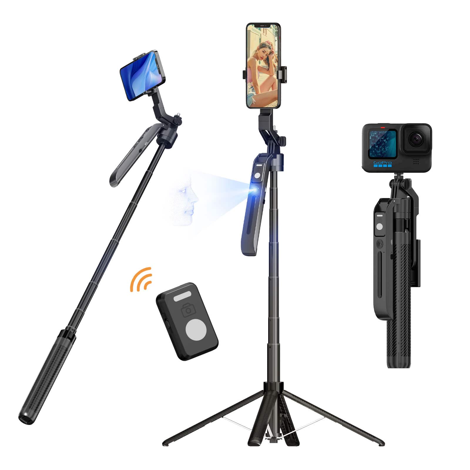 BEARSOLIM - AI selfie stick with remote, 70” Extendable 360° Rotation for iPhone/Android