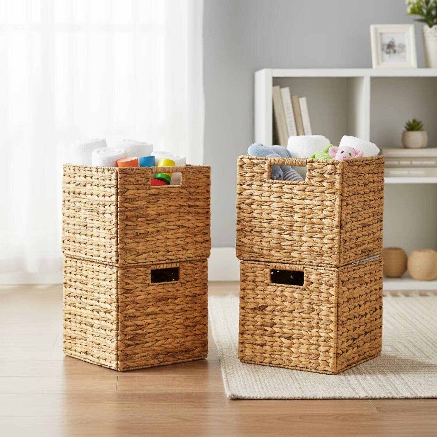 Angle. Tooloton - 4-Pack Natural Woven Rattan Storage Basket Organizer with Handles, 12x12x12 Inch Large Cube Bin for Shelves - Natural.