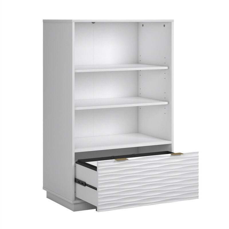 Alt View 5. HTUTWOO - Coastal Bookcase With Lower Drawer - Adjustable Library Shelf with File Drawer,48.35" Tall Horizontal Storage Cabinet - White.