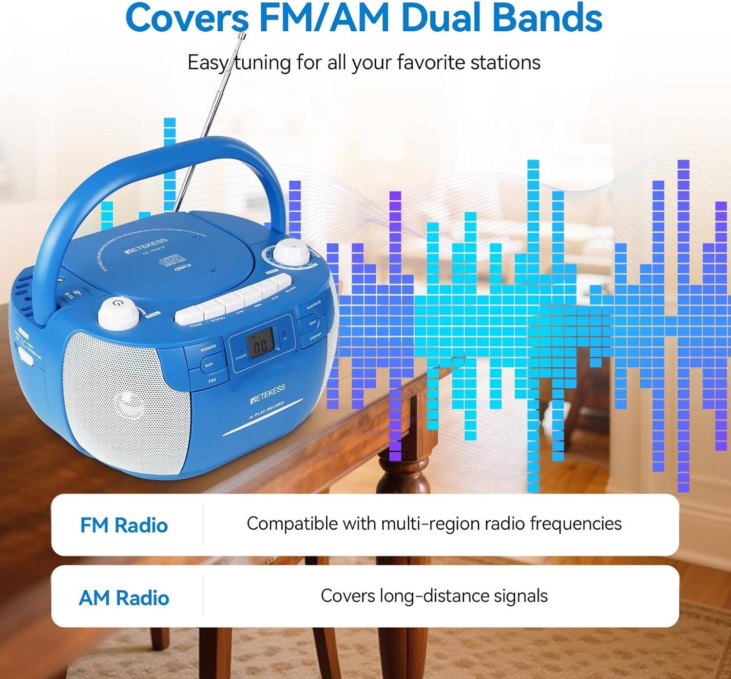 Covers FM/AM Dual Bands  
Easy tuning for all your favorite stations  

FETEKESS - A - DAY 80 RETENESS VTO FM Radio  
Compatible with multi-region radio frequencies  
AM Radio  
Covers long-distance signals