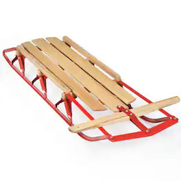 Costway - 54''Kids Wooden Snow Sled Runners Steering Bar Steering Snow Slider - Red + Burlywood