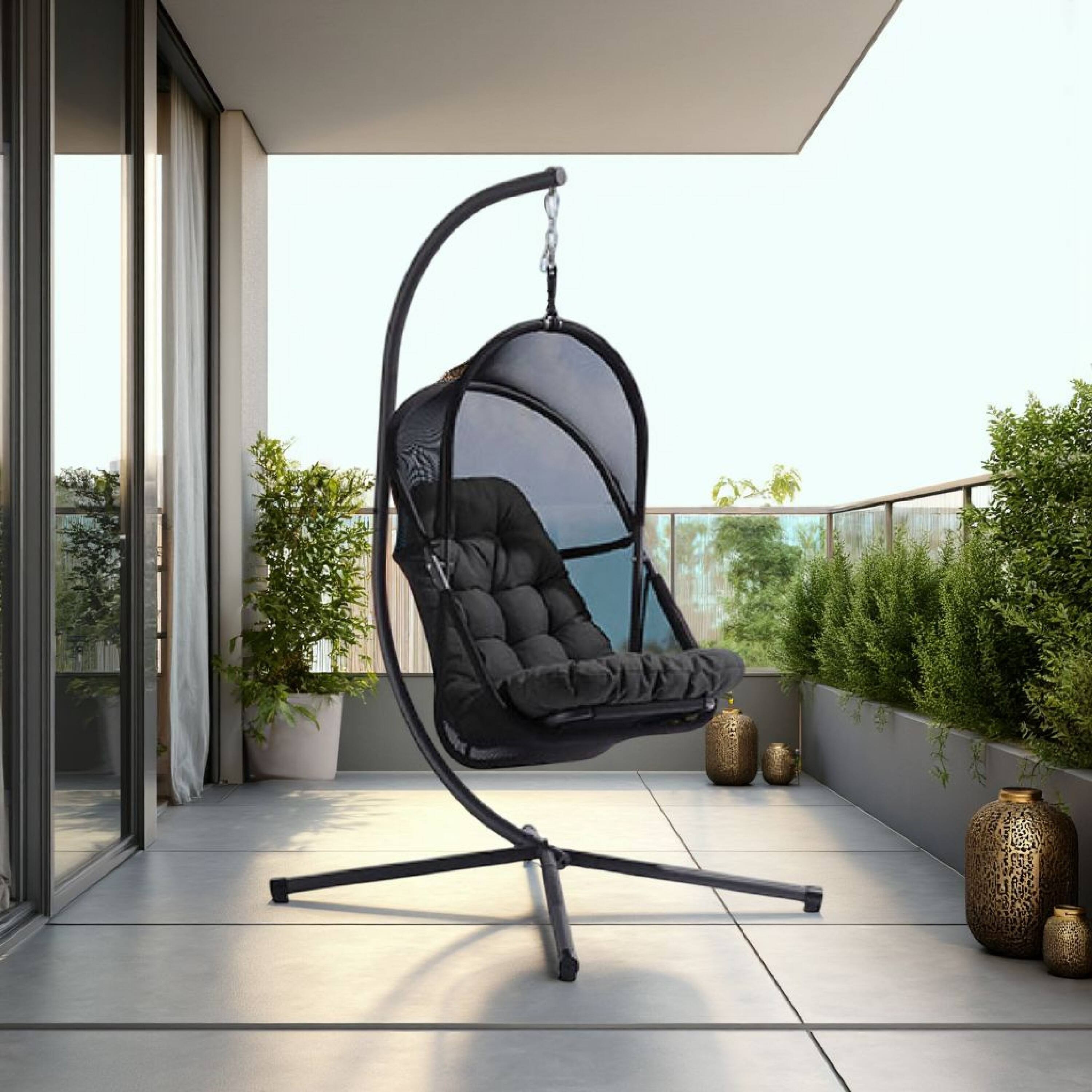 Alt View 5. Manhattan Lane - Bery Outdoor Swing Chair with Foldable Stand, Coastal Black Cushion - Black.