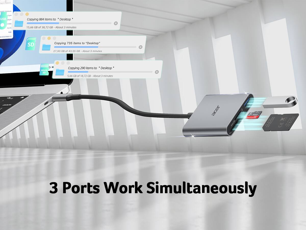 - USB: Copying 884 items to "Desktop"  
  15.66 GB of 38.72 GB - About 3 minutes

- SD: Copying 735 items to "Desktop"  
  27.93 GB of 43.55 GB - About 3 minutes

- micro SD: Copying 290 items to "Desktop"  
  5.66 GB of 18.72 GB - About 3 minutes

3 Ports Work Simultaneously