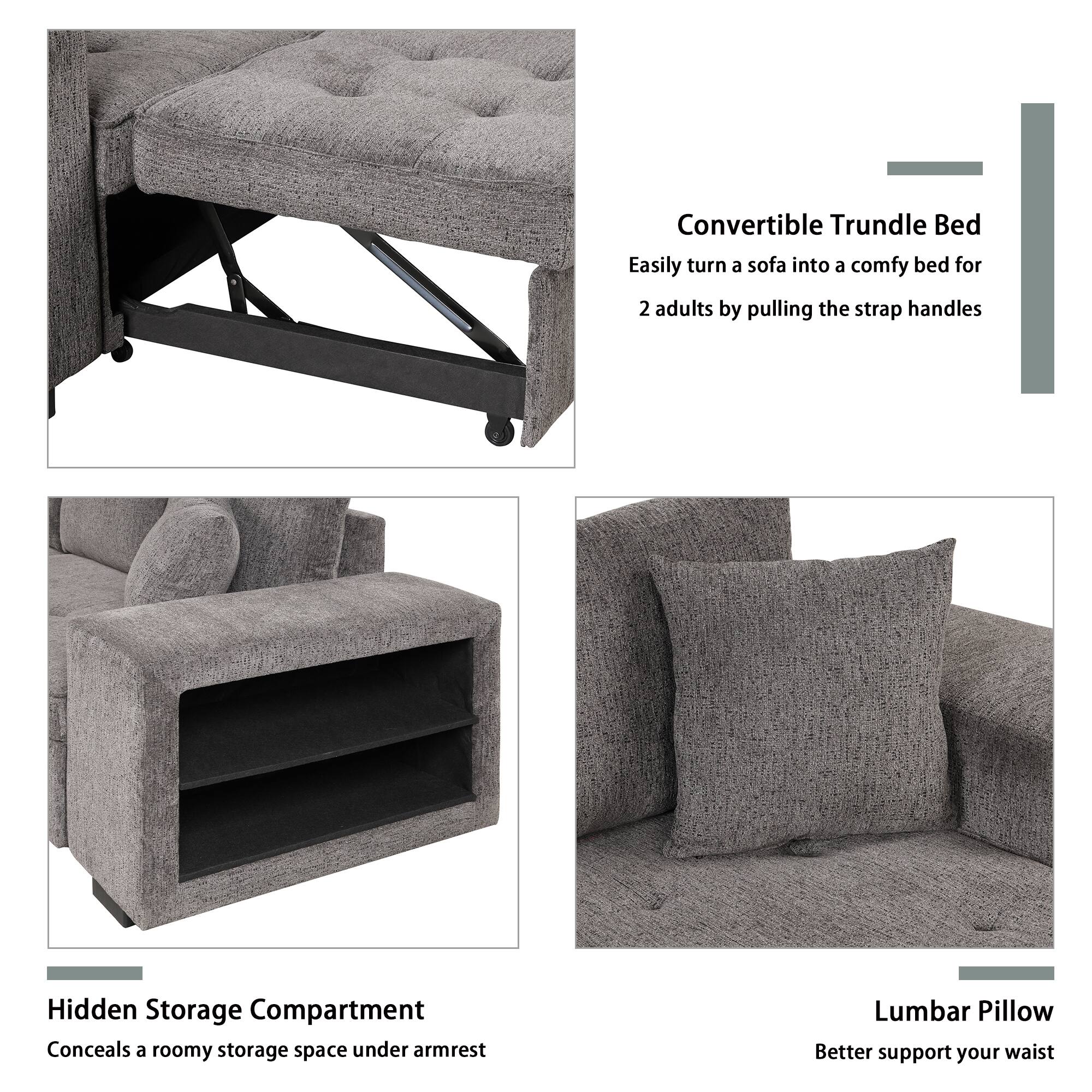 Convertible Trundle Bed  
Easily turn a sofa into a comfy bed for 2 adults by pulling the strap handles  

Hidden Storage Compartment  
Conceals a roomy storage space under armrest  

Lumbar Pillow  
Better support your waist
