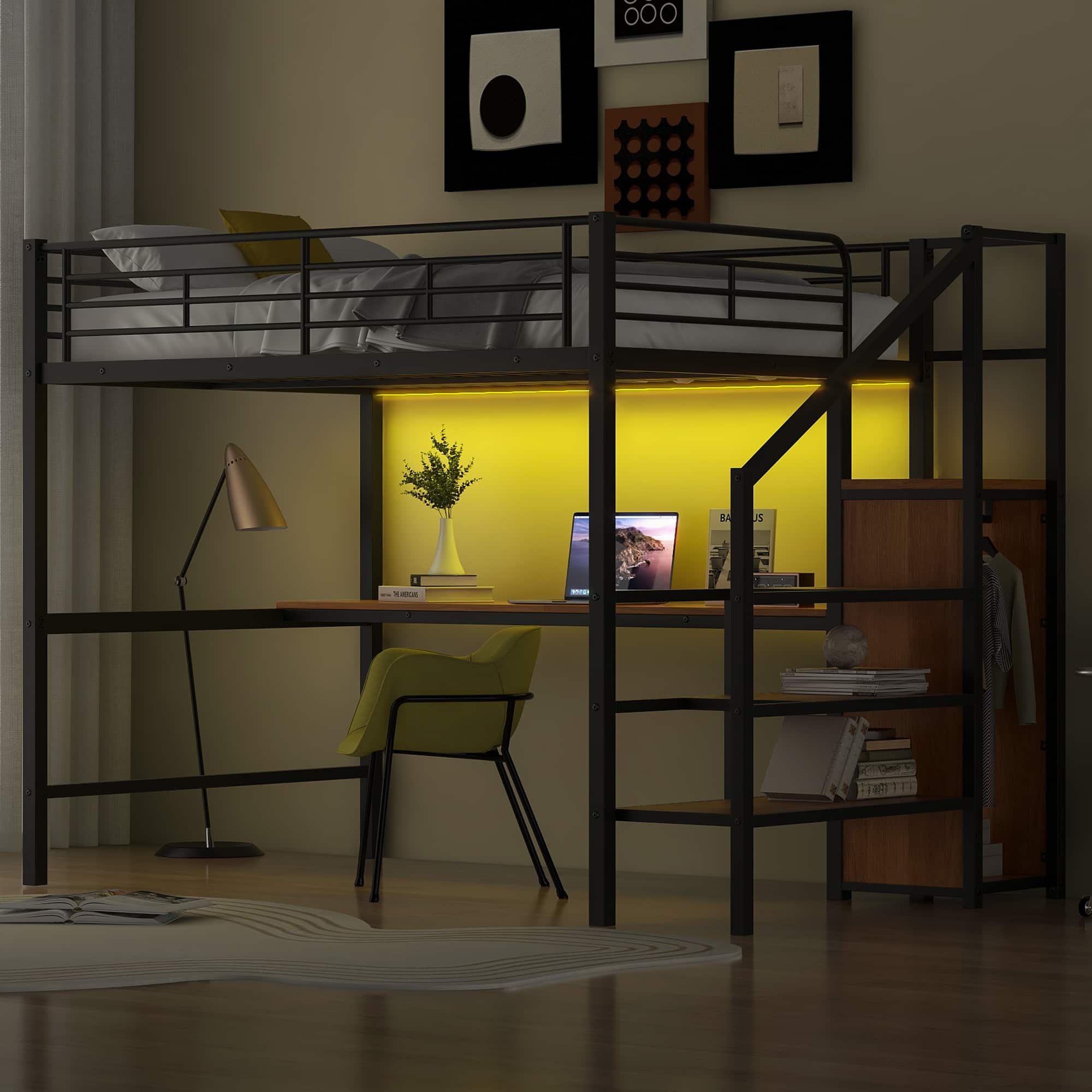 Anysun - Multifunctional Design Full Size Sturdy Metal Frame LED Loft Bed with Desk and Small Wardrobe, Assembly Required - Black