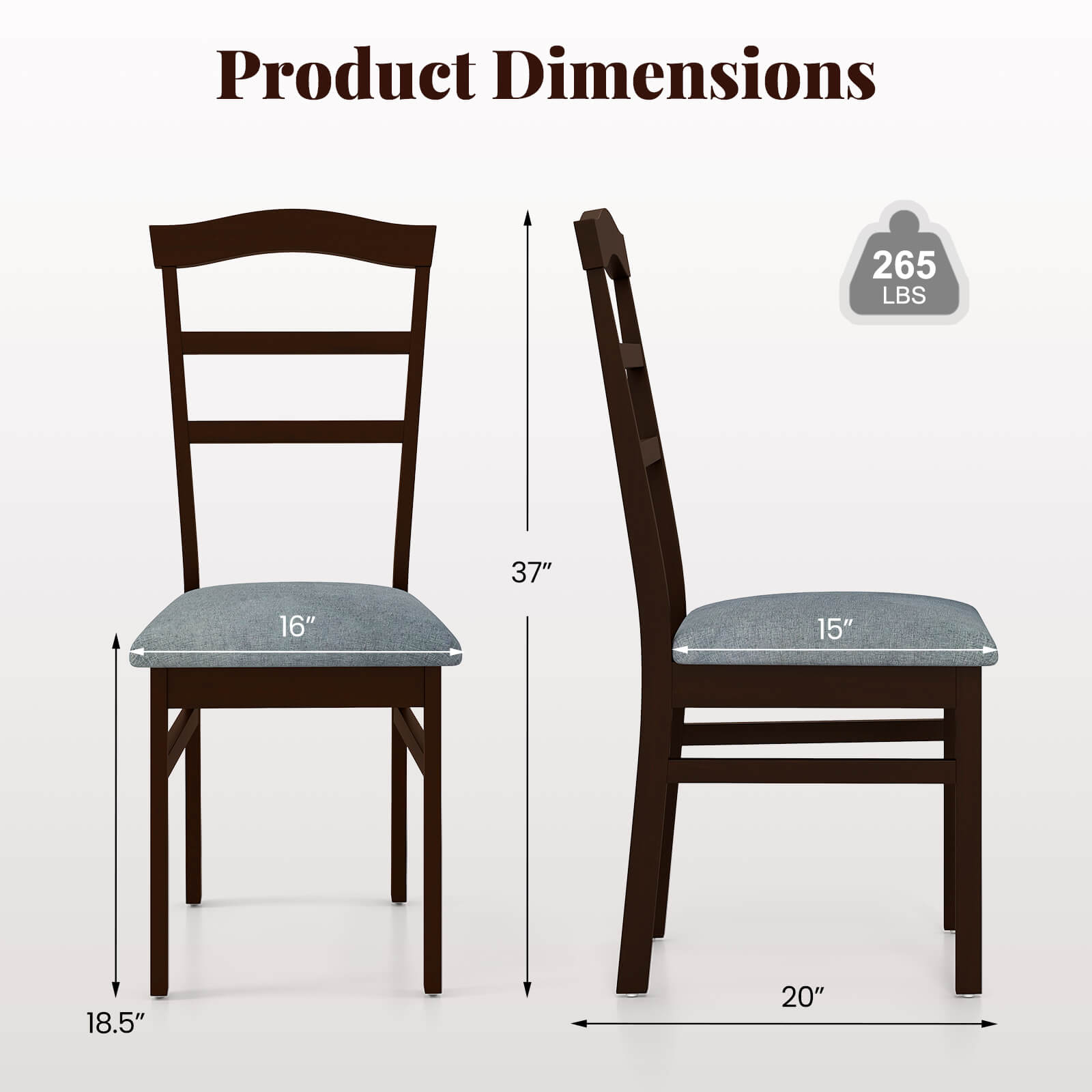Product Dimensions: 265 LBS, 37" H, 16" W, 15" D, 18.5" H, 20" W
