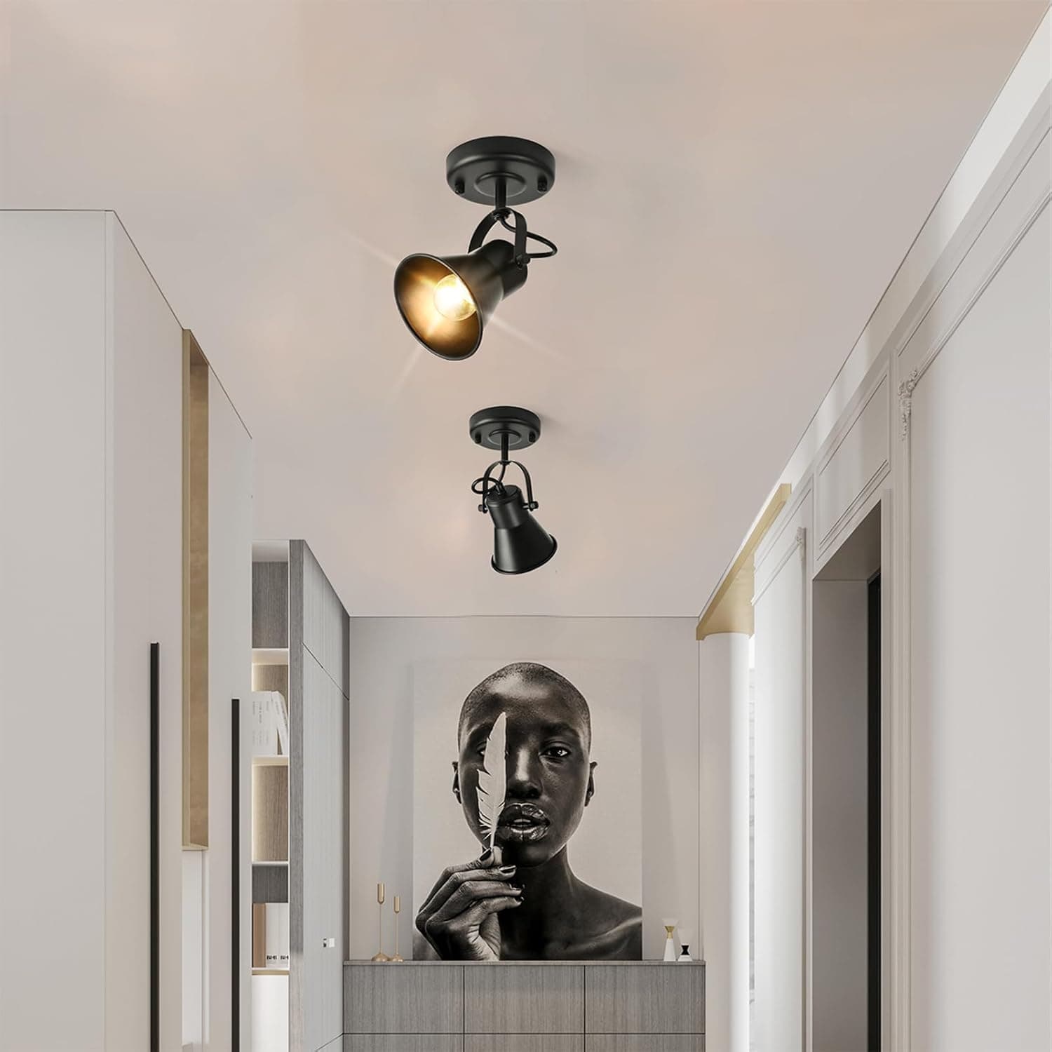 Alt View 3. FINEAK - 2 Pack Industrial Mini Track Ceiling Spotlights, Adjustable Black Heads.