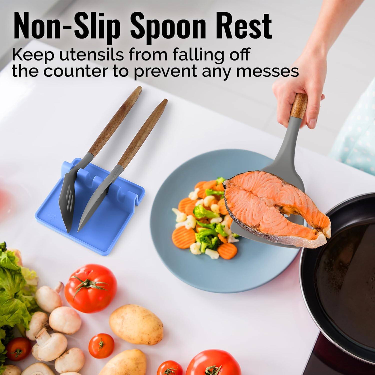 Non-Slip Spoon Rest  
Keep utensils from falling off the counter to prevent any messes