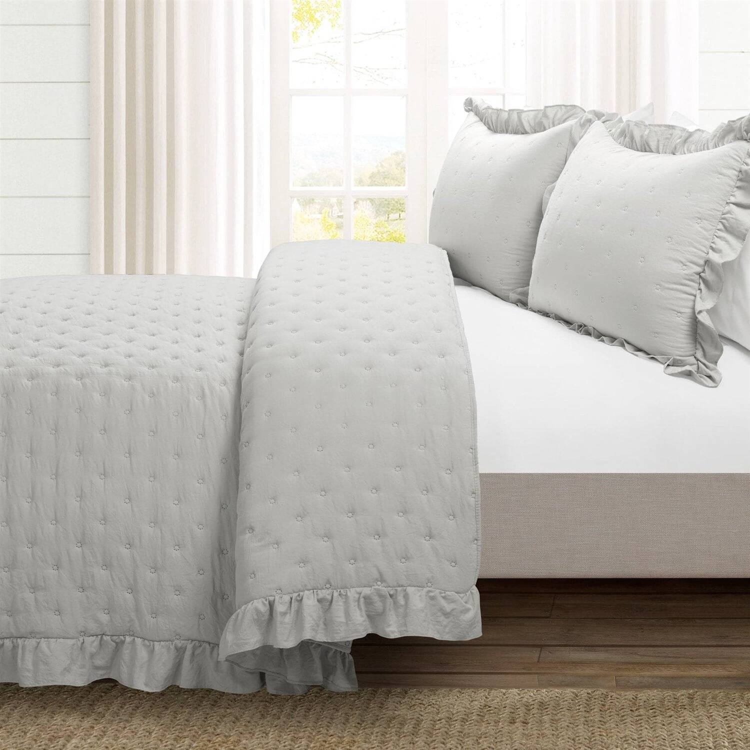 Angle. Hivvago - King Size Lightweight Grey Ruffle Reversible Oversized 3 Piece Quilt Set - Light Grey.