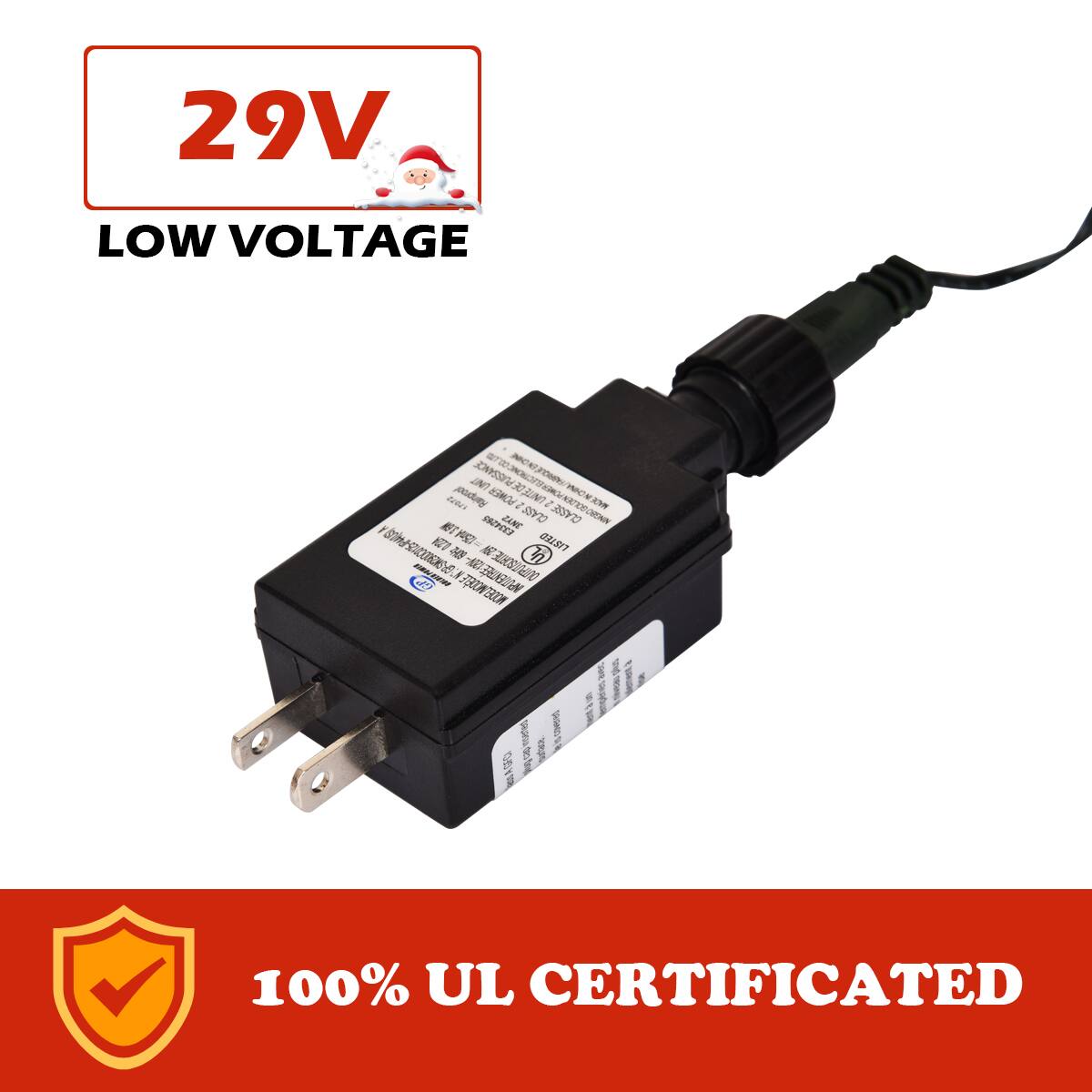 The text on the image reads: "29V LOW VOLTAGE Juus joduy IN  D c - / 2 ZCE ZANE 0 CLASSE ARTEGAN 1 ET 7  0317 Sm206N35 26 n -  RUETWOESEN  S DAN) BUR! D WTE pleezn  D  y 100% UL CERTIFICATED."