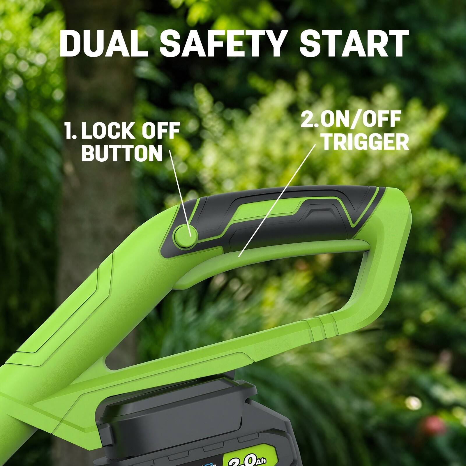 DUAL SAFETY START  
1. LOCK OFF BUTTON  
2. ON/OFF TRIGGER