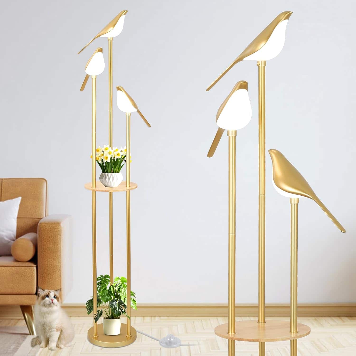 Z-Edge - Floor Lamps for Living Room, Modern Floor Lamp with Shelves, Mid Century Standing Lamp with 3 Adjustable LED Bird Lights - Gold