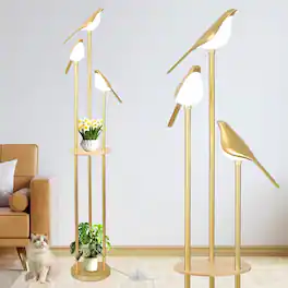 Z-Edge - Floor Lamps for Living Room, Modern Floor Lamp with Shelves, Mid Century Standing Lamp with 3 Adjustable LED Bird Lights - Gold