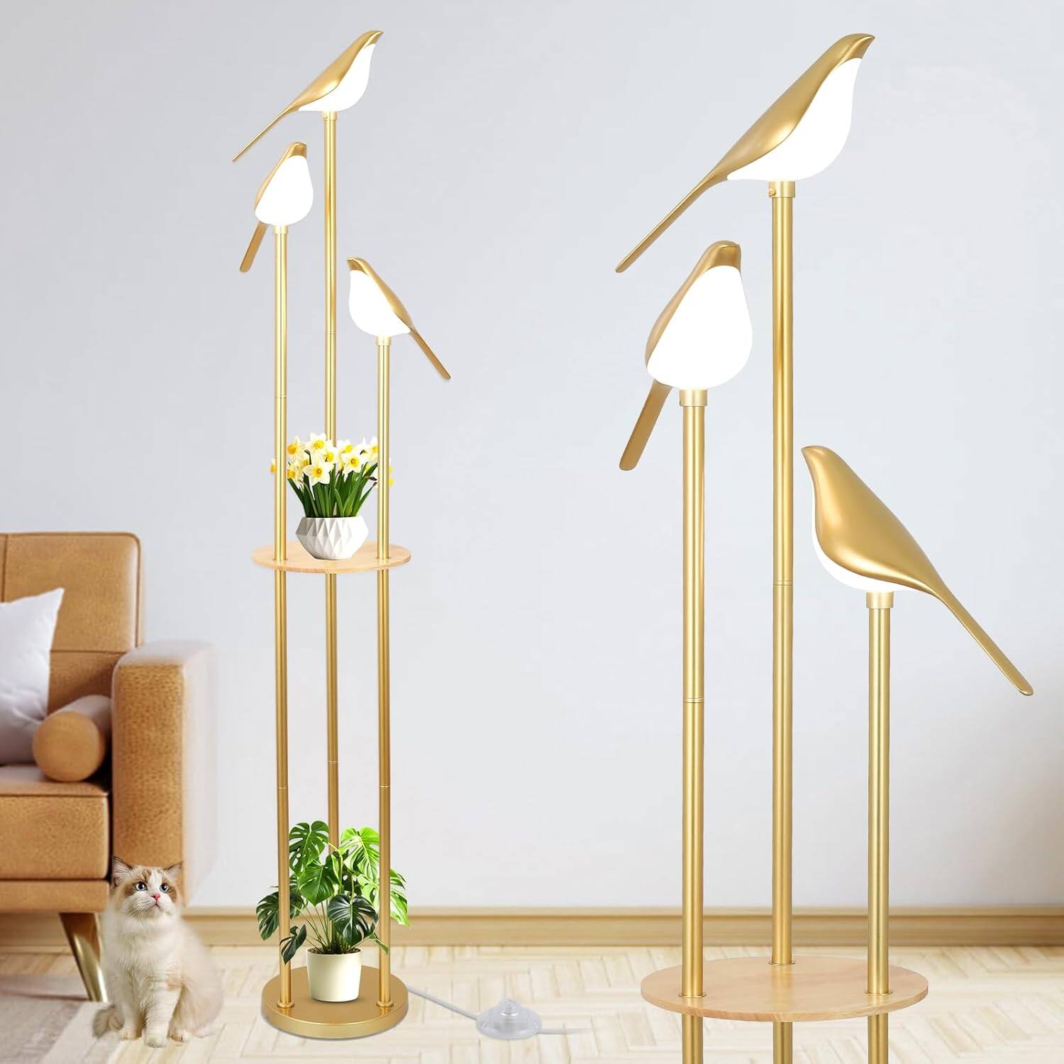 Front. Z-Edge - Floor Lamps for Living Room, Modern Floor Lamp with Shelves, Mid Century Standing Lamp with 3 Adjustable LED Bird Lights - Gold.