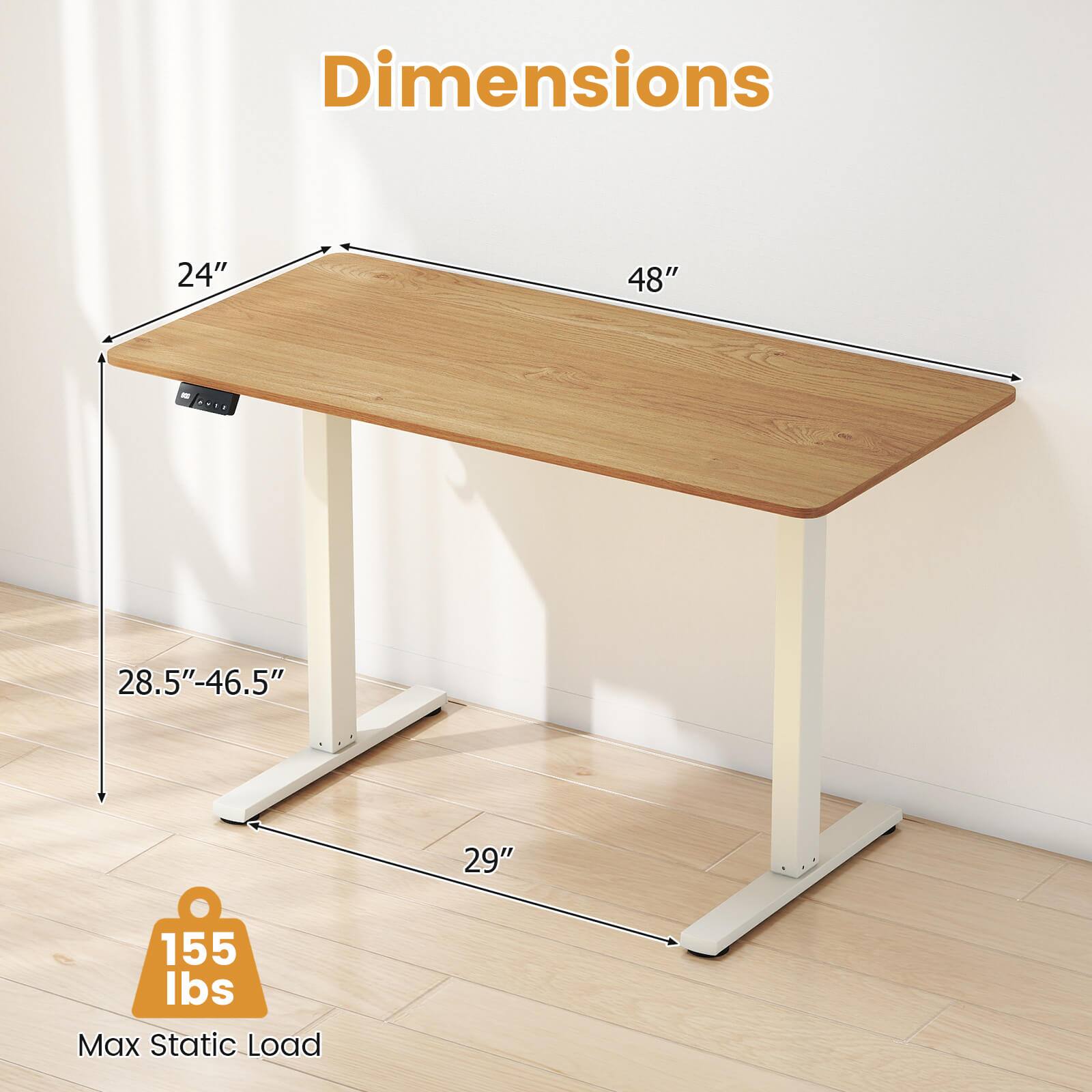 Dimensions  
24" x 48"  
28.5"-46.5"  
29"  
Max Static Load: 155 lbs