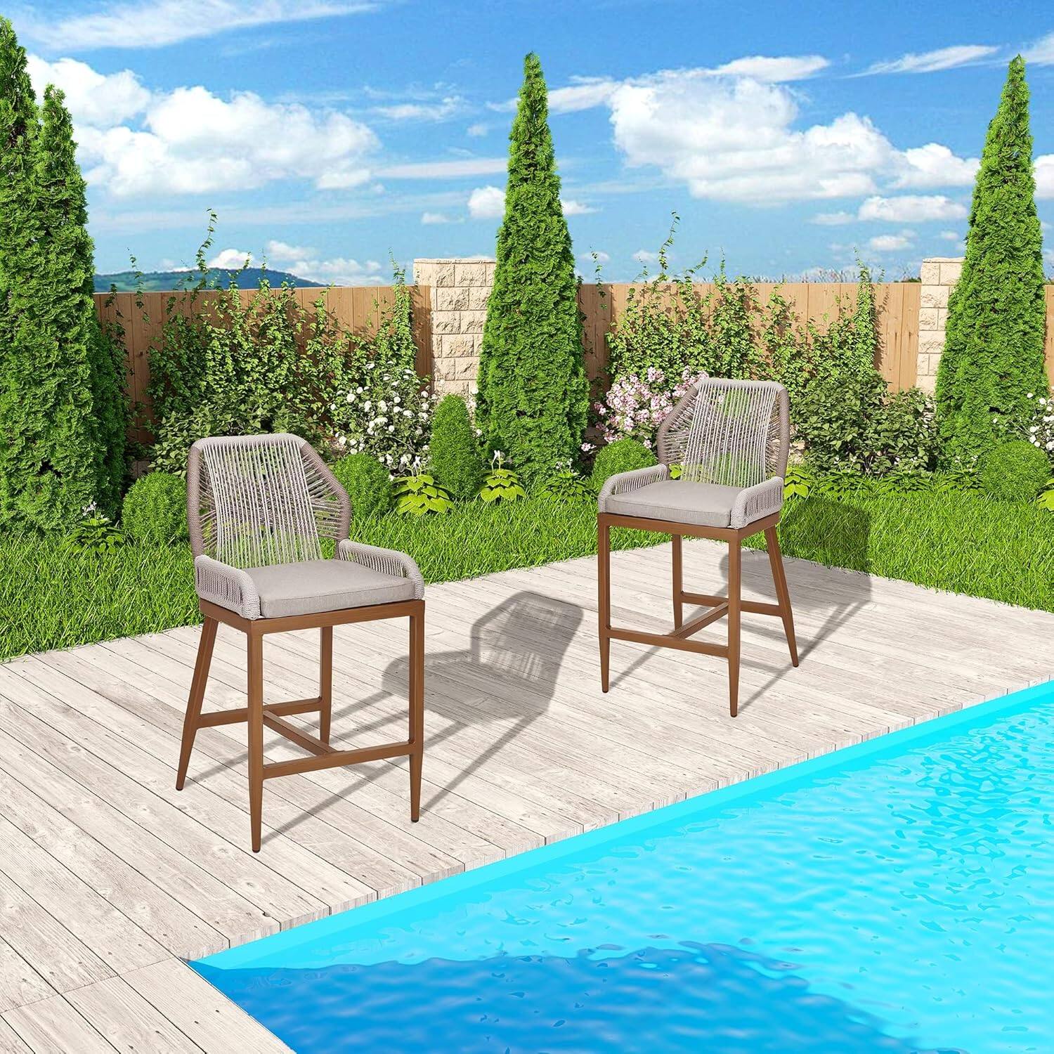 Alt View 2. GARVEE - Outdoor Bar Stools - Set of 2 Counter Height Chairs with Back, All-Weather Design, Chic Ergonomics, Wood Grain - Grey.